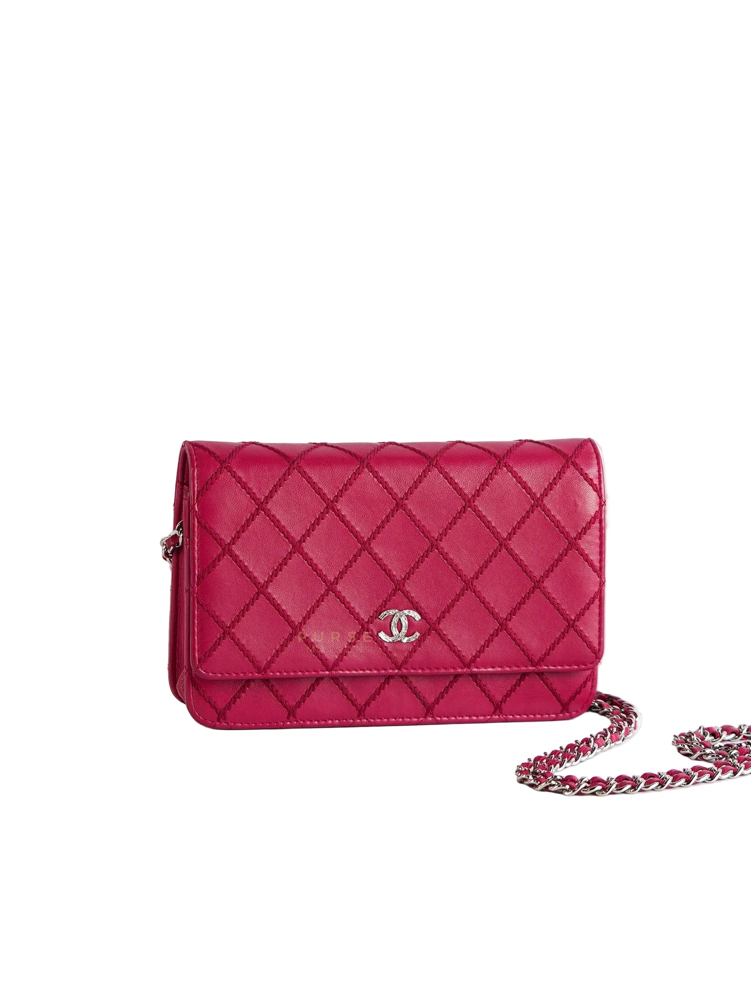 Fancy Wallet on Chain WOC Dark Pink Top Stitched Embroidered Lambskin Leather in Silver Hardware Series 19 | Purse Maison Luxury Bags Shop