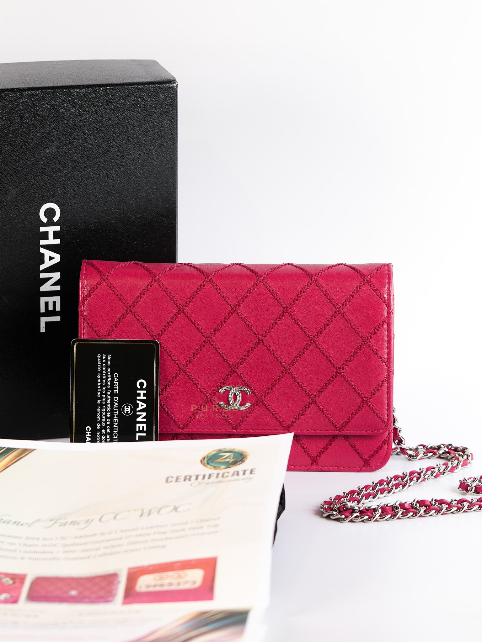 Fancy Wallet on Chain WOC Dark Pink Top Stitched Embroidered Lambskin Leather in Silver Hardware Series 19 | Purse Maison Luxury Bags Shop