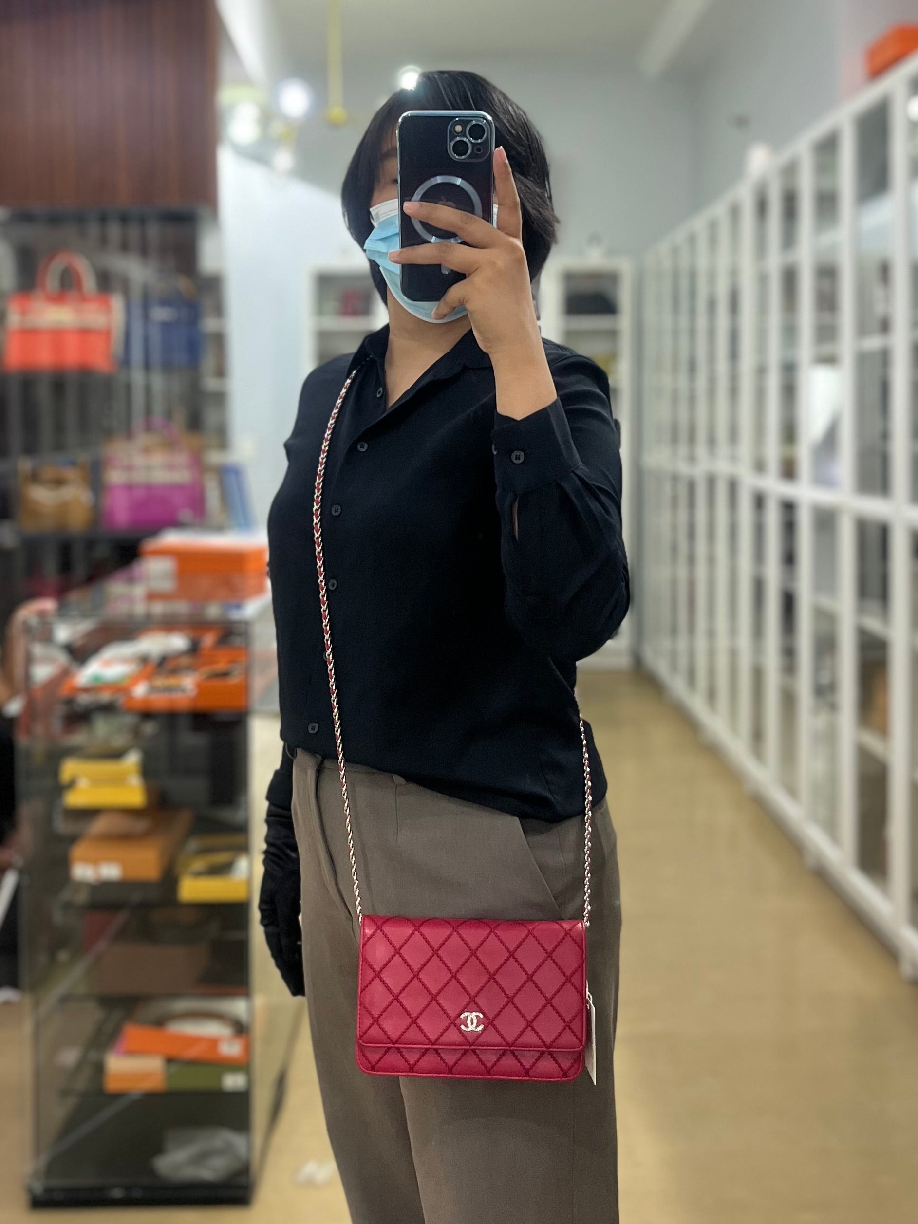 Fancy Wallet on Chain WOC Dark Pink Top Stitched Embroidered Lambskin Leather in Silver Hardware Series 19 | Purse Maison Luxury Bags Shop