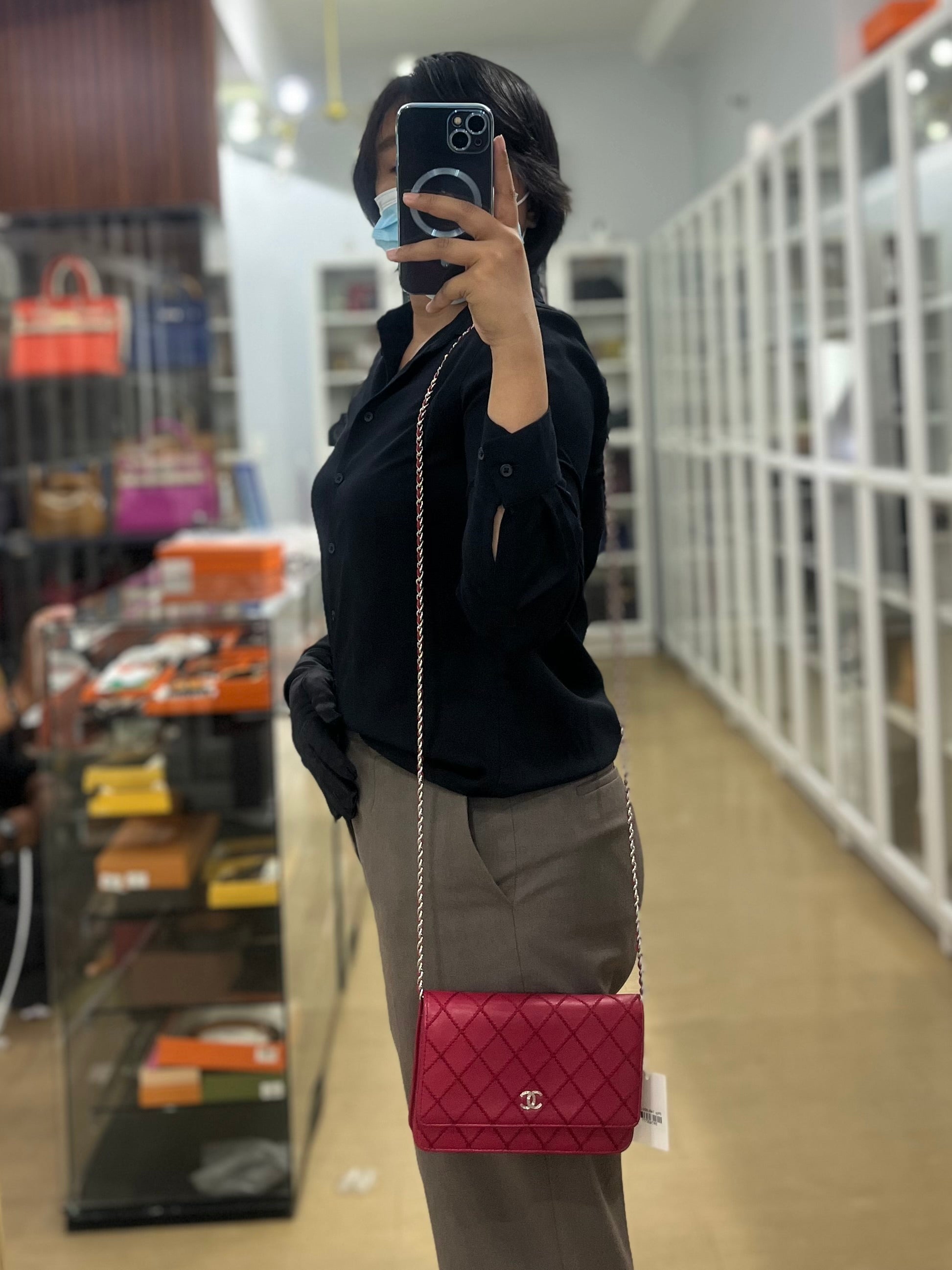 Fancy Wallet on Chain WOC Dark Pink Top Stitched Embroidered Lambskin Leather in Silver Hardware Series 19 | Purse Maison Luxury Bags Shop