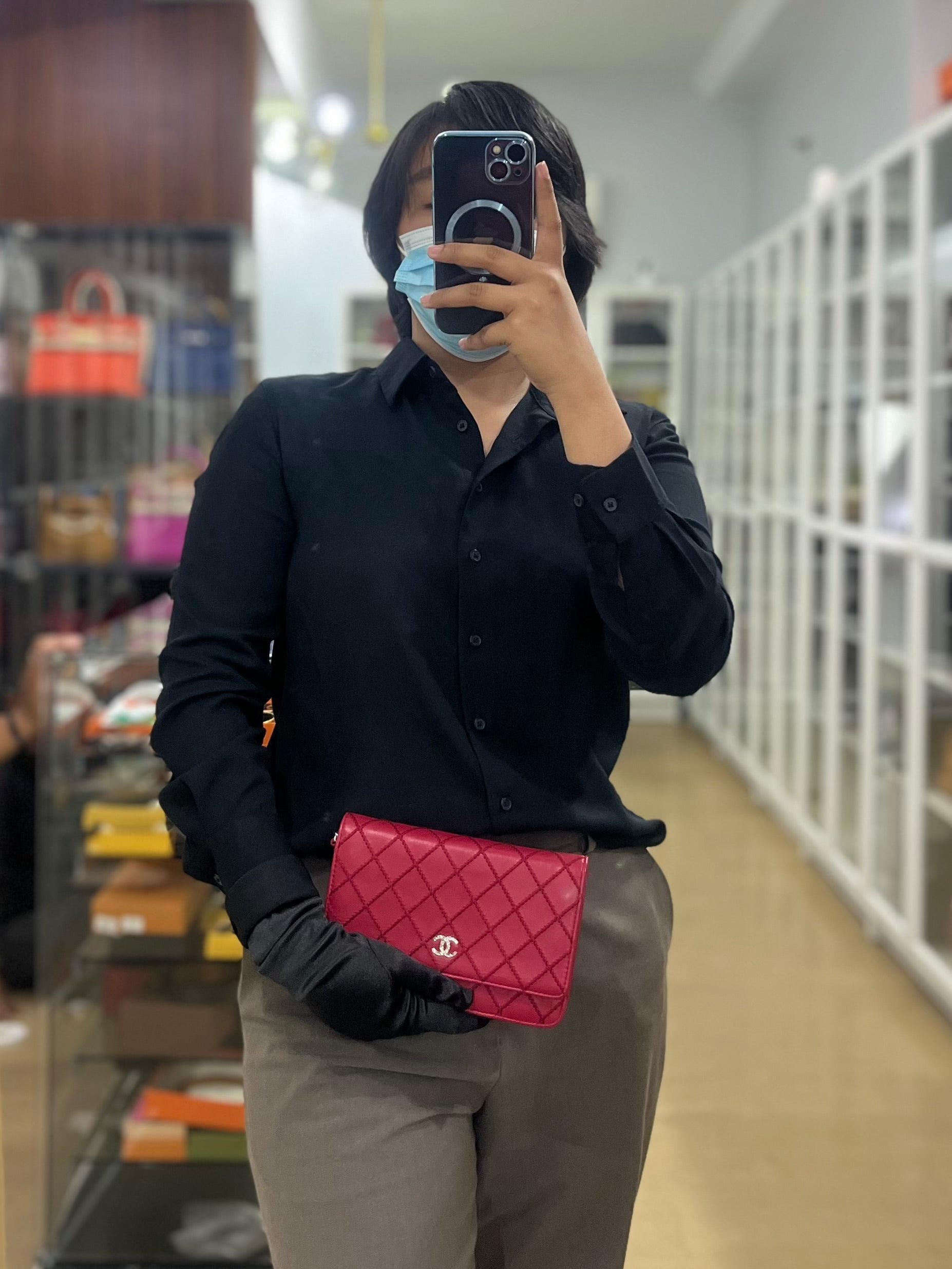 Fancy Wallet on Chain WOC Dark Pink Top Stitched Embroidered Lambskin Leather in Silver Hardware Series 19 | Purse Maison Luxury Bags Shop