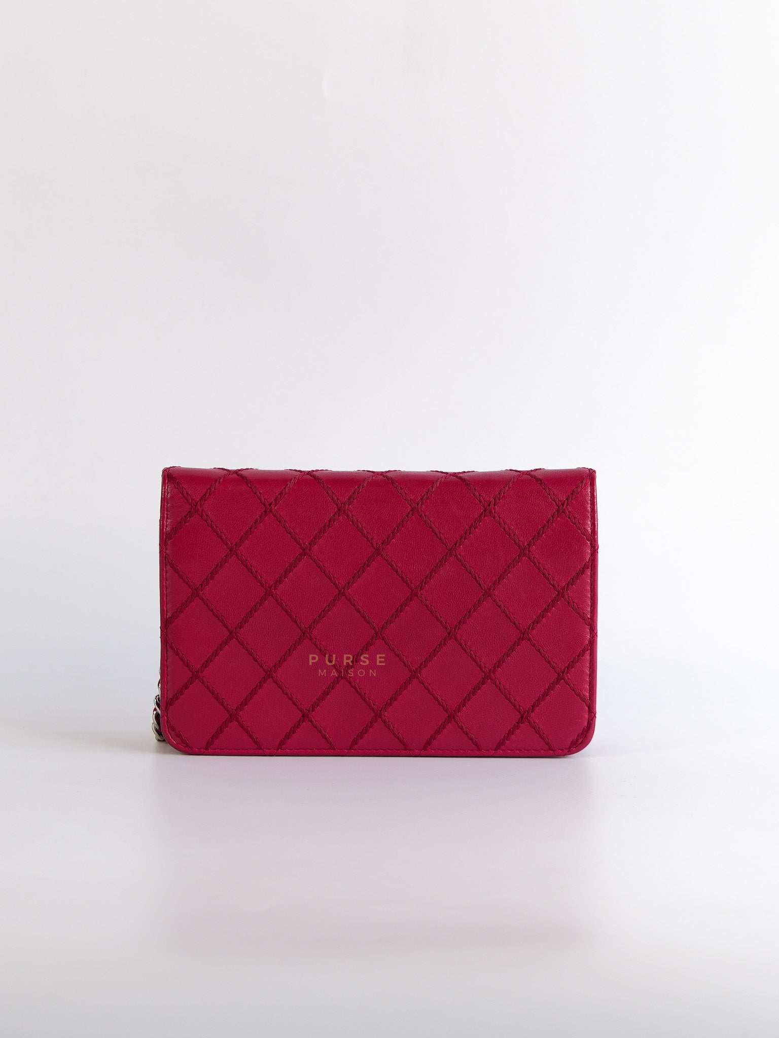Fancy Wallet on Chain WOC Dark Pink Top Stitched Embroidered Lambskin Leather in Silver Hardware Series 19 | Purse Maison Luxury Bags Shop