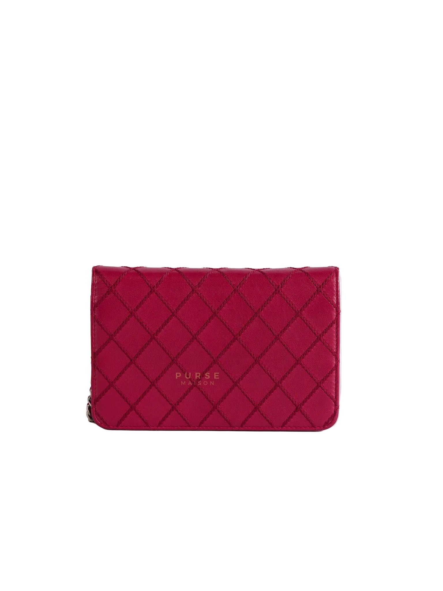 Fancy Wallet on Chain WOC Dark Pink Top Stitched Embroidered Lambskin Leather in Silver Hardware Series 19 | Purse Maison Luxury Bags Shop