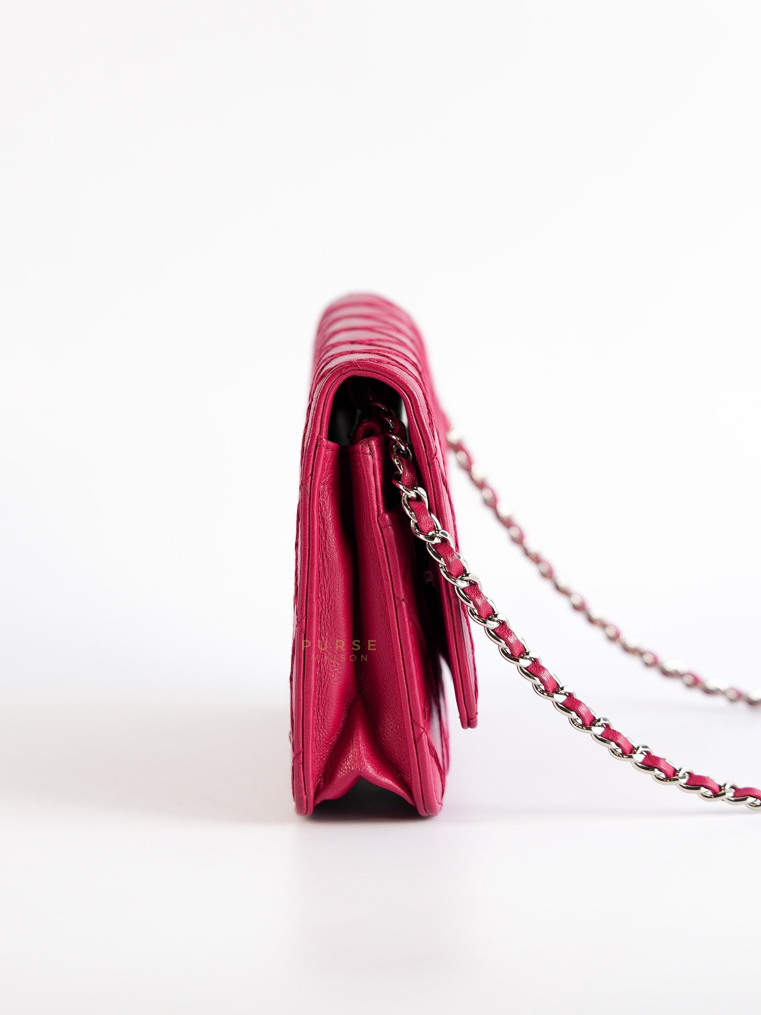 Fancy Wallet on Chain WOC Dark Pink Top Stitched Embroidered Lambskin Leather in Silver Hardware Series 19 | Purse Maison Luxury Bags Shop