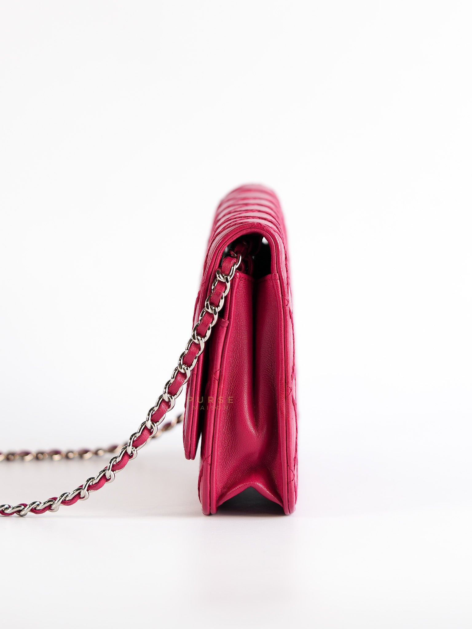 Fancy Wallet on Chain WOC Dark Pink Top Stitched Embroidered Lambskin Leather in Silver Hardware Series 19 | Purse Maison Luxury Bags Shop