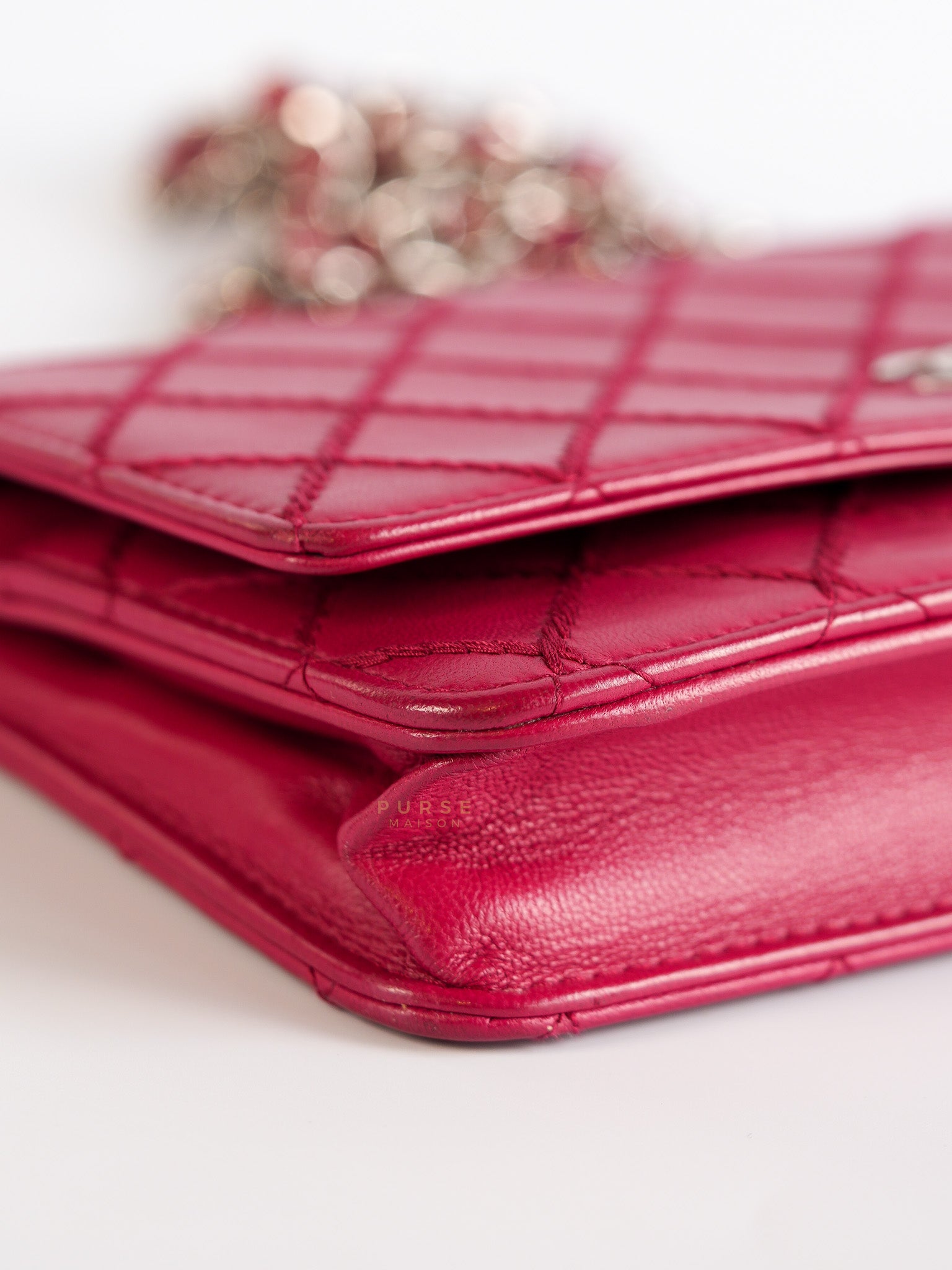 Fancy Wallet on Chain WOC Dark Pink Top Stitched Embroidered Lambskin Leather in Silver Hardware Series 19 | Purse Maison Luxury Bags Shop