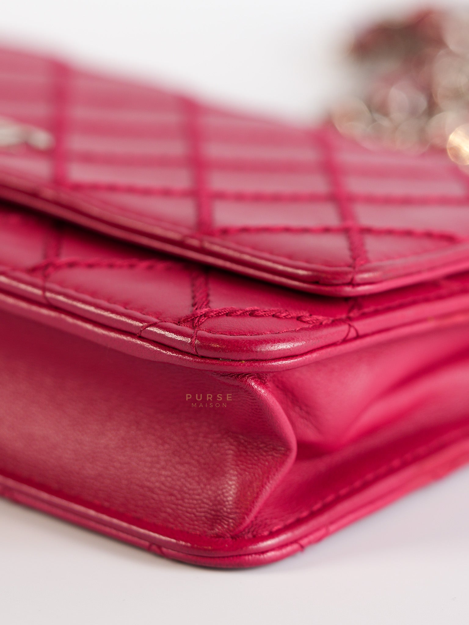 Fancy Wallet on Chain WOC Dark Pink Top Stitched Embroidered Lambskin Leather in Silver Hardware Series 19 | Purse Maison Luxury Bags Shop