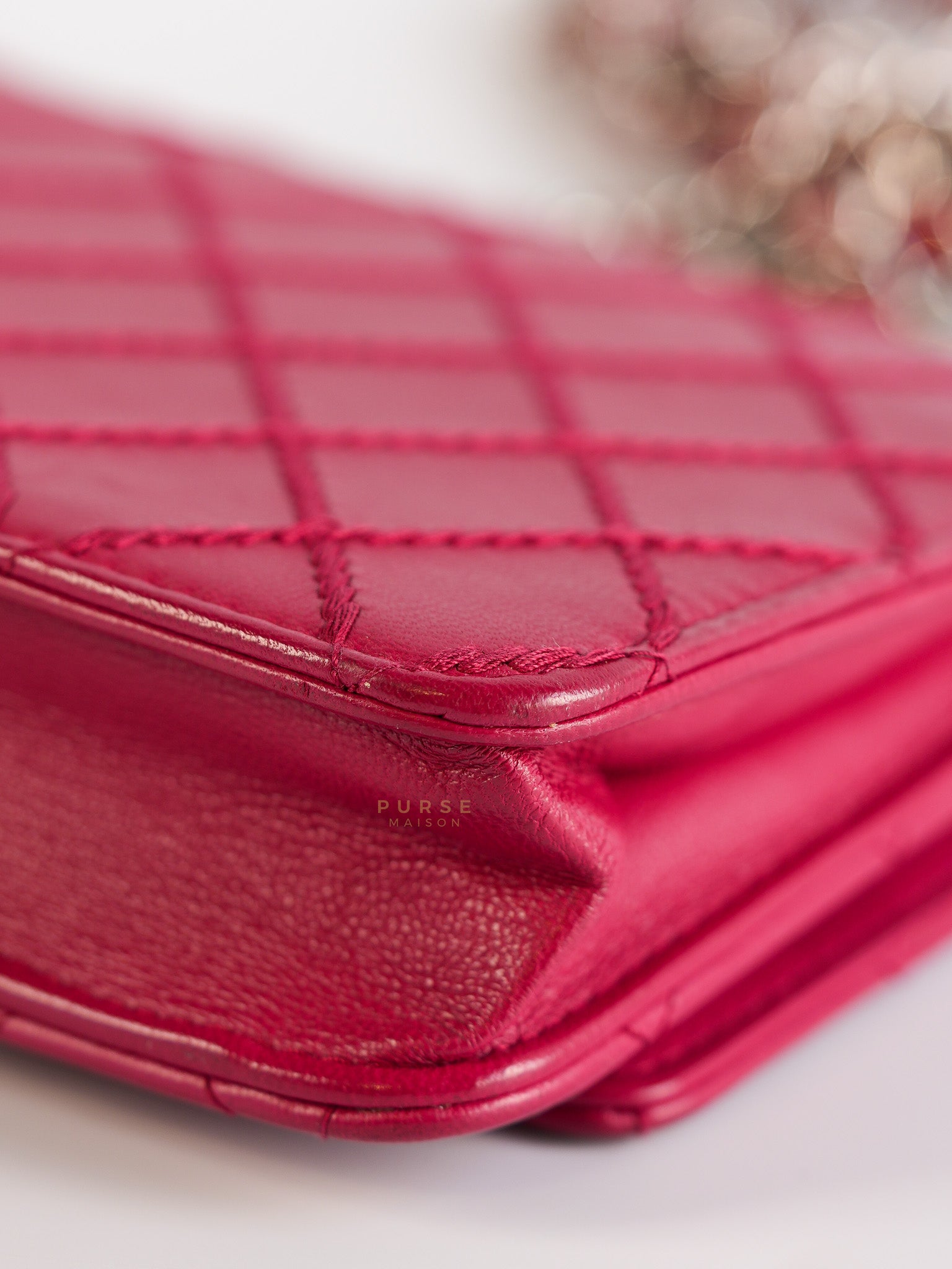 Fancy Wallet on Chain WOC Dark Pink Top Stitched Embroidered Lambskin Leather in Silver Hardware Series 19 | Purse Maison Luxury Bags Shop