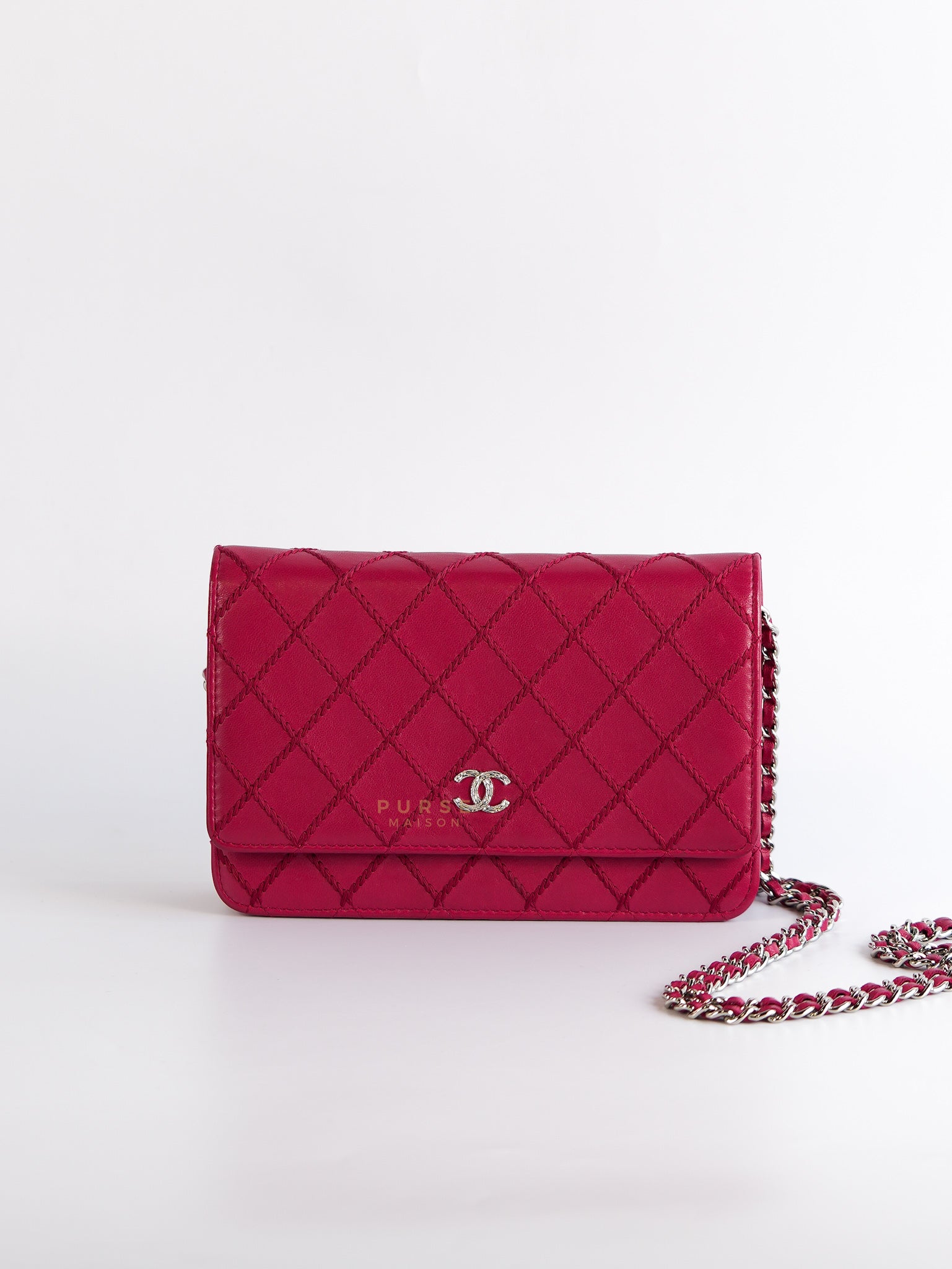 Fancy Wallet on Chain WOC Dark Pink Top Stitched Embroidered Lambskin Leather in Silver Hardware Series 19 | Purse Maison Luxury Bags Shop