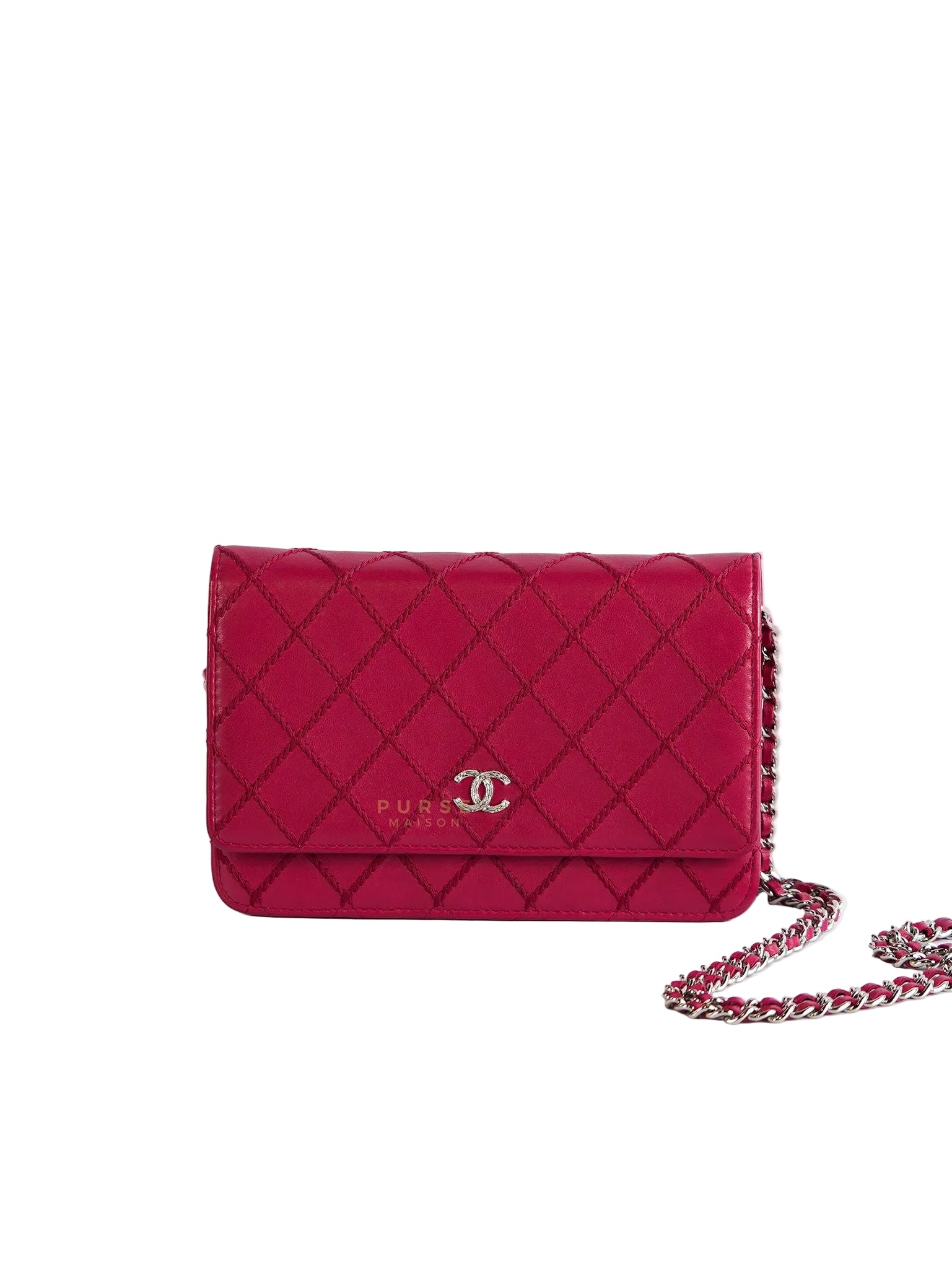 Fancy Wallet on Chain WOC Dark Pink Top Stitched Embroidered Lambskin Leather in Silver Hardware Series 19 | Purse Maison Luxury Bags Shop