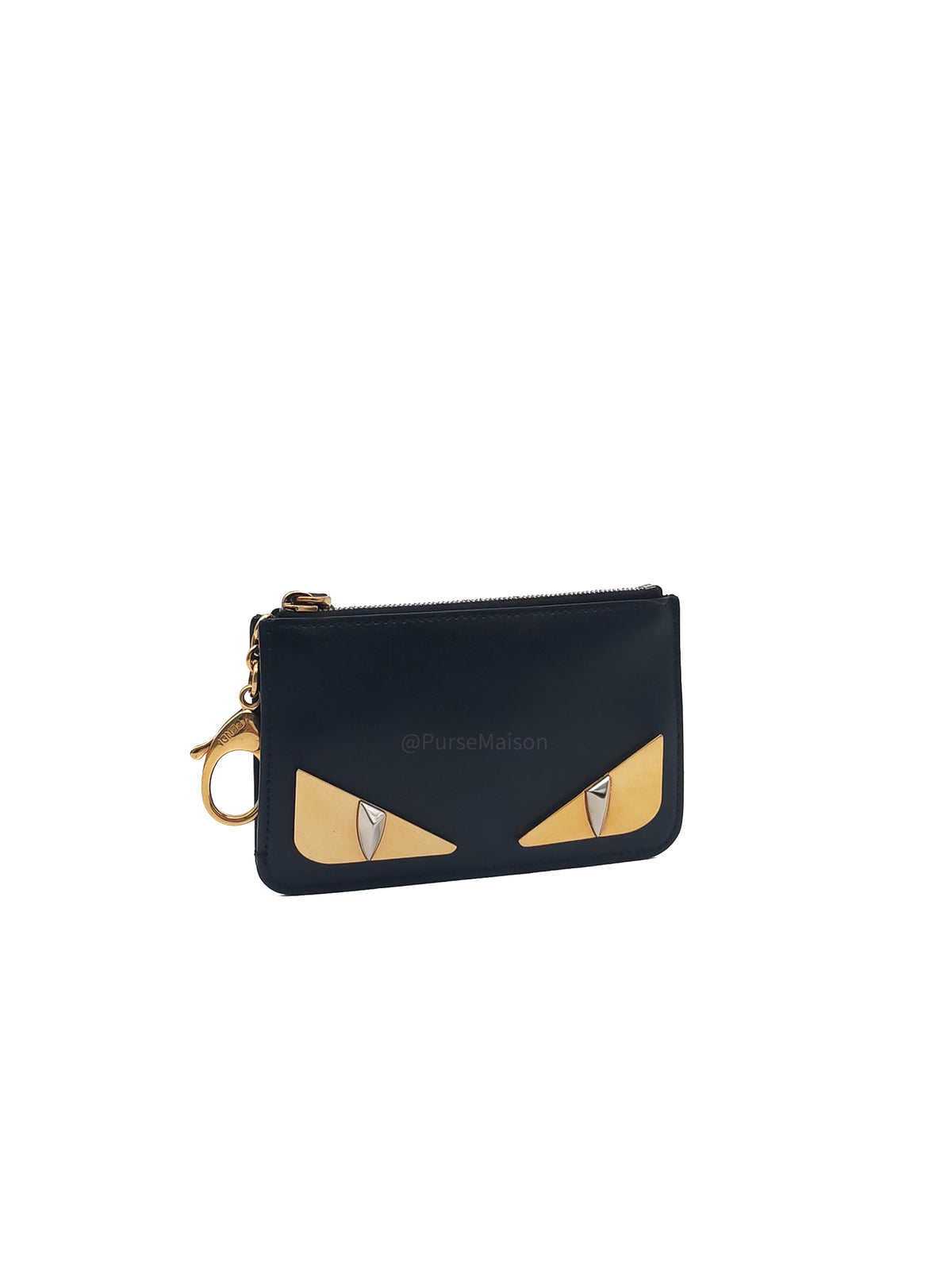 Fendi Bag Bugs Monster Eyes Key Coin Pouch in Black Calfskin Leather and Gold Hardware | Purse Maison Luxury Bags Shop
