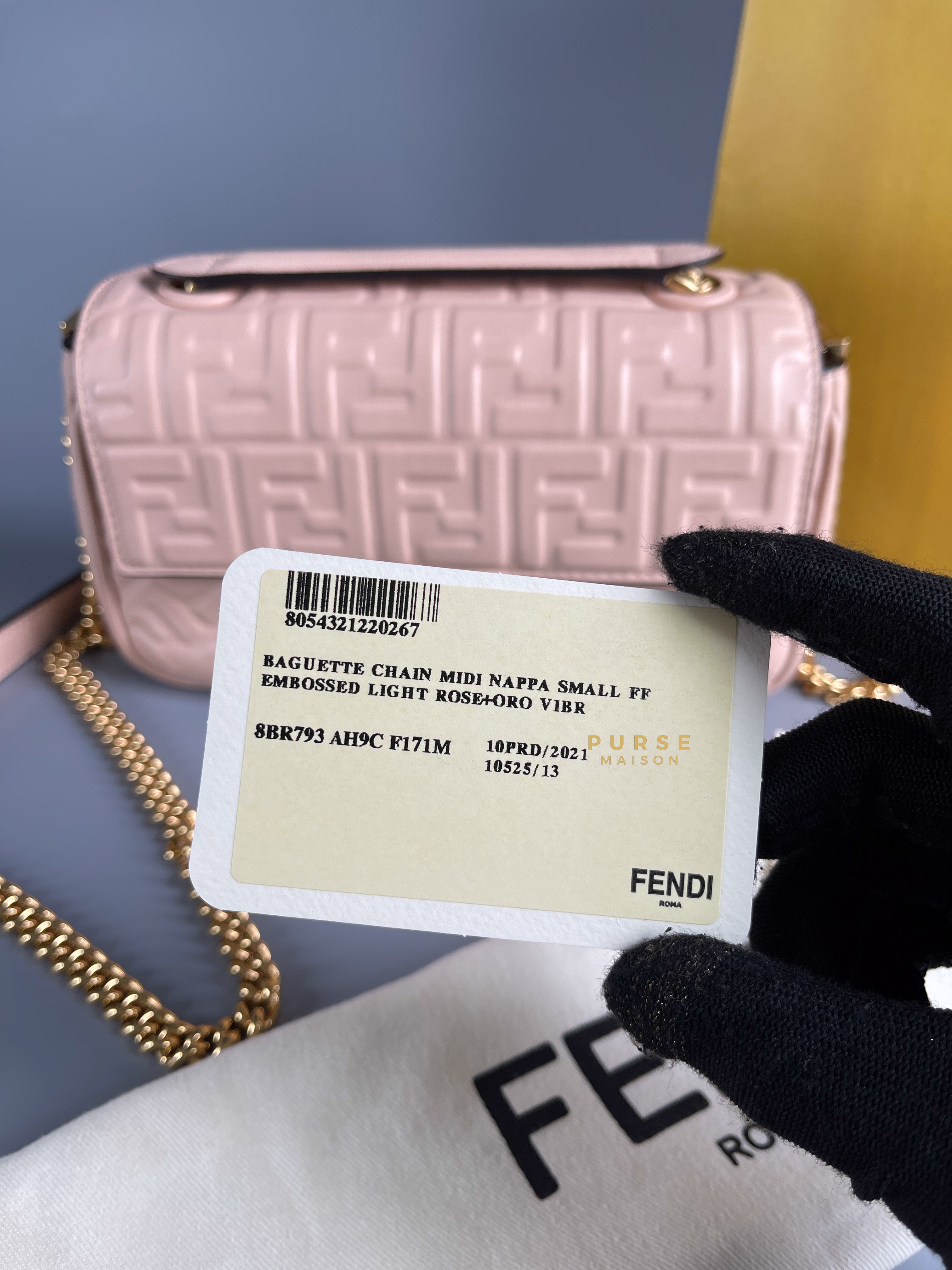 Fendi Baguette Chain Midi Nappa Small Embossed Light Rose | Purse Maison Luxury Bags Shop