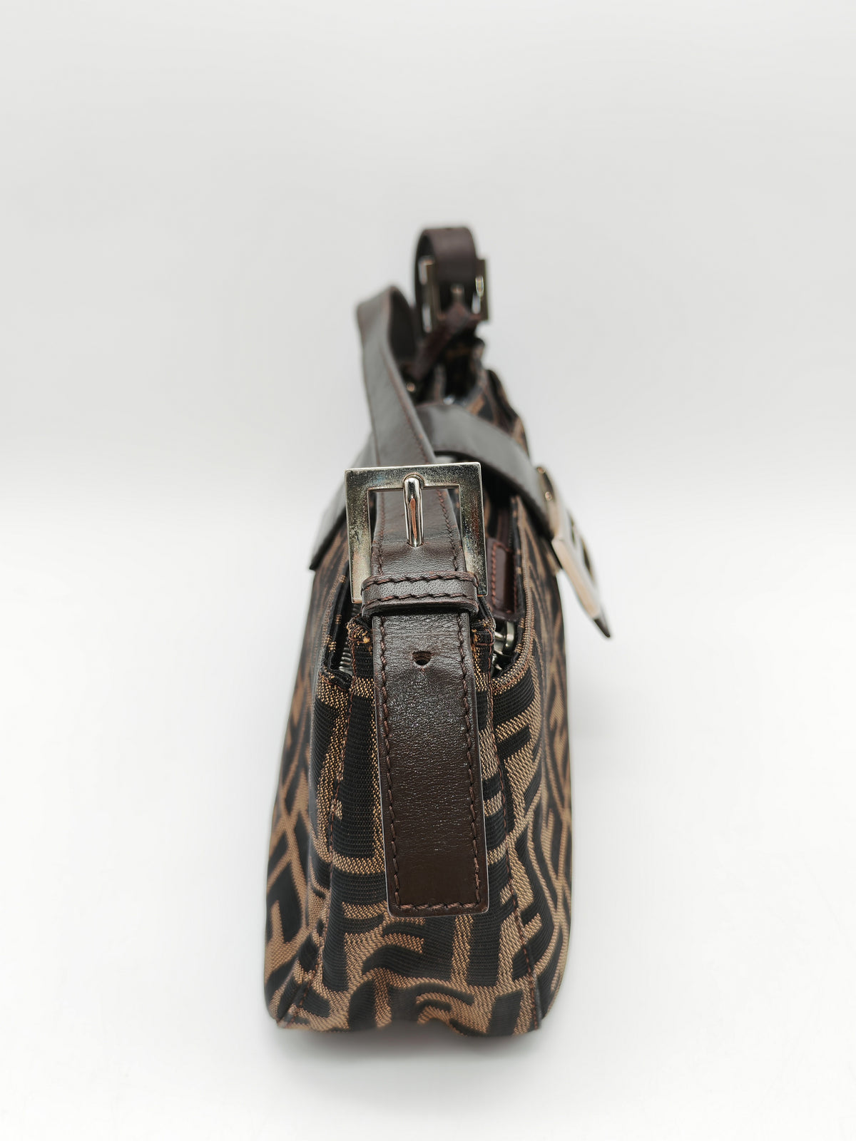 Fendi Baguette Shoulder Bag in FF Monogram Zucca Canvas and Silver Hardware | Purse Maison Luxury Bags Shop