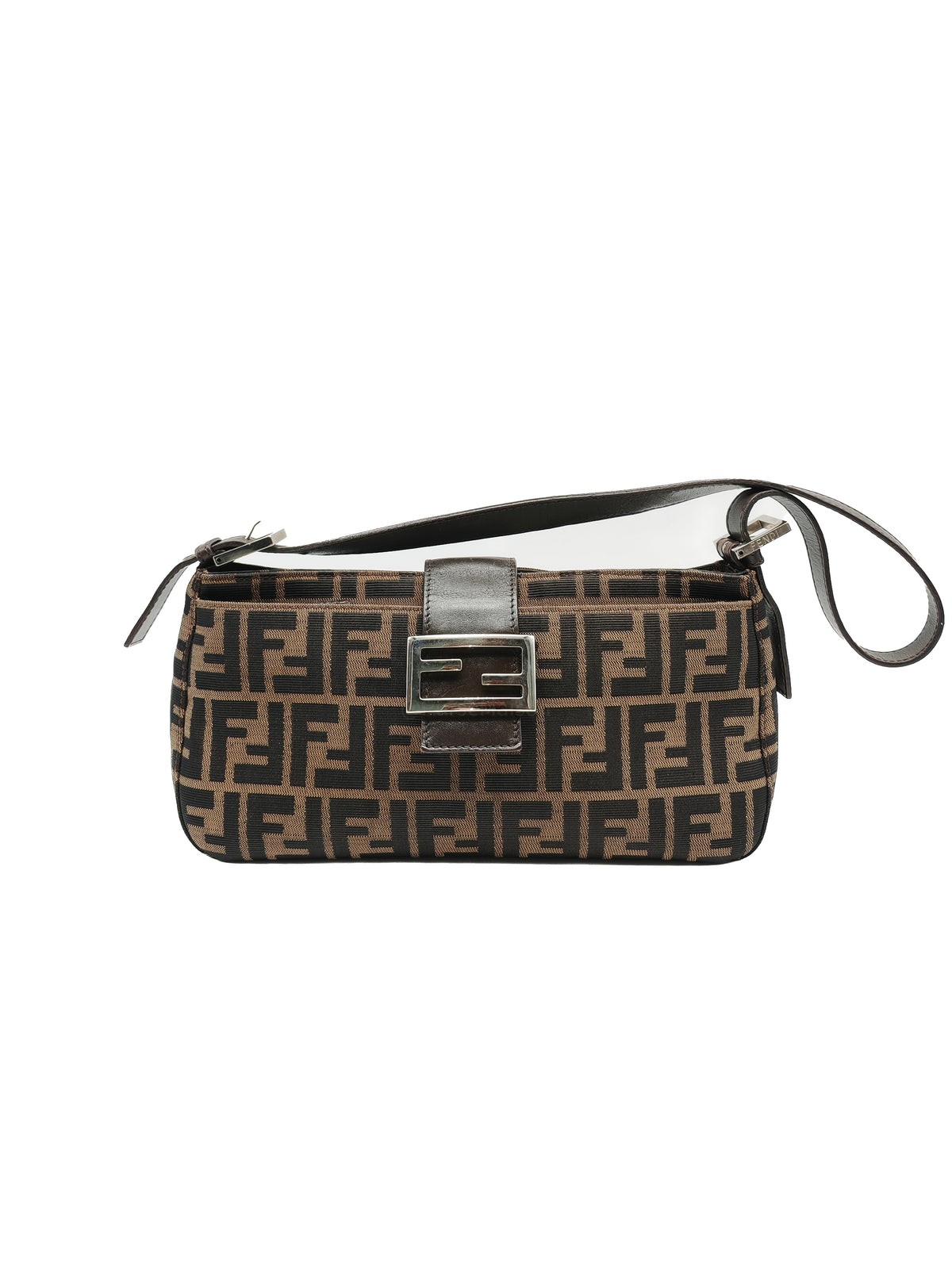Fendi Baguette Shoulder Bag in FF Monogram Zucca Canvas and Silver Hardware | Purse Maison Luxury Bags Shop