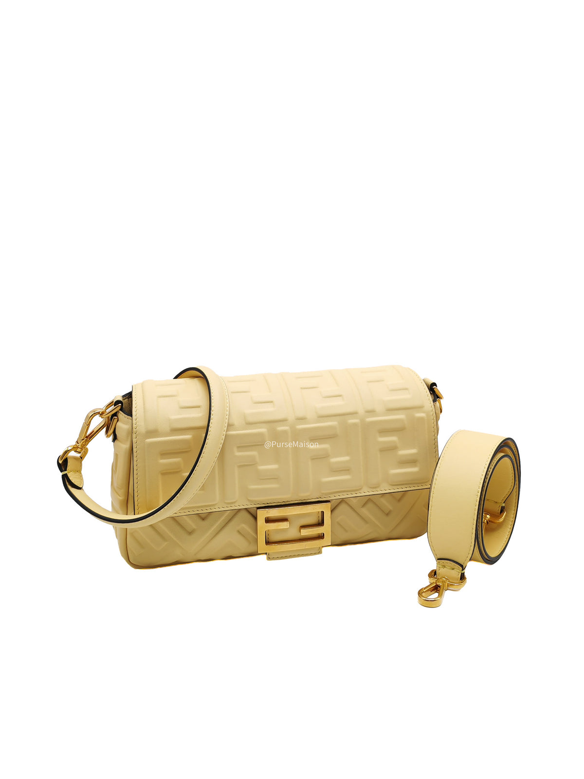 Fendi Medium Baguette FF Nappa Leather Gold Hardware Light Yellow | Purse Maison Luxury Bags Shop
