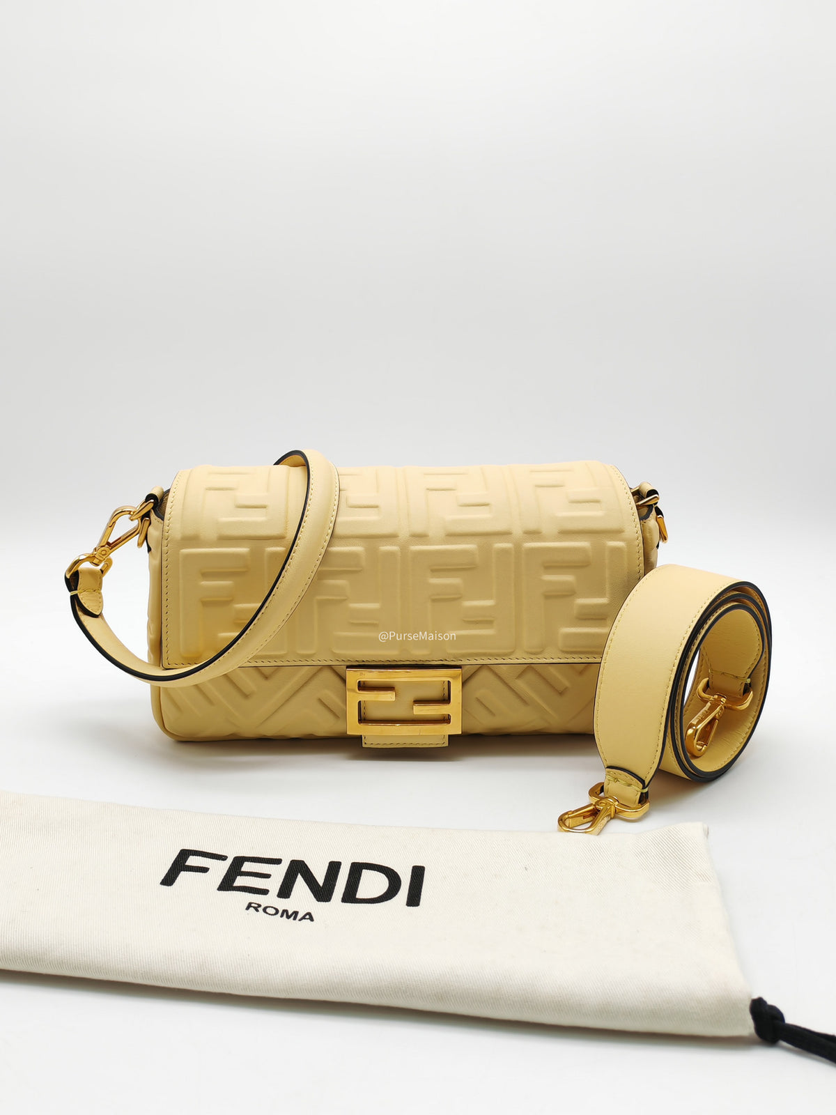 Fendi Medium Baguette FF Nappa Leather Gold Hardware Light Yellow | Purse Maison Luxury Bags Shop