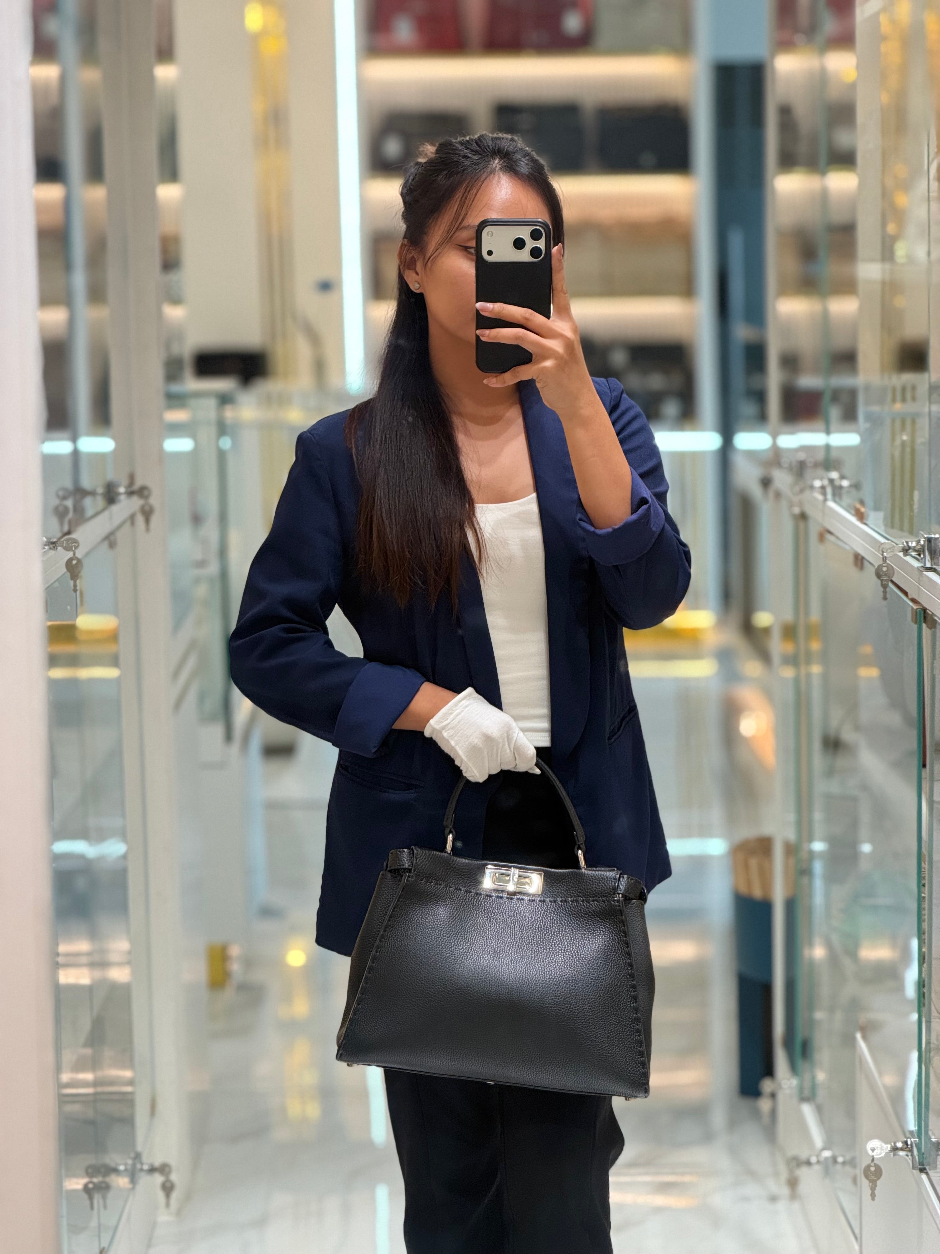 Fendi Peekaboo Medium in Black Grained Leather Silver Hardware | Purse Maison Luxury Bags Shop