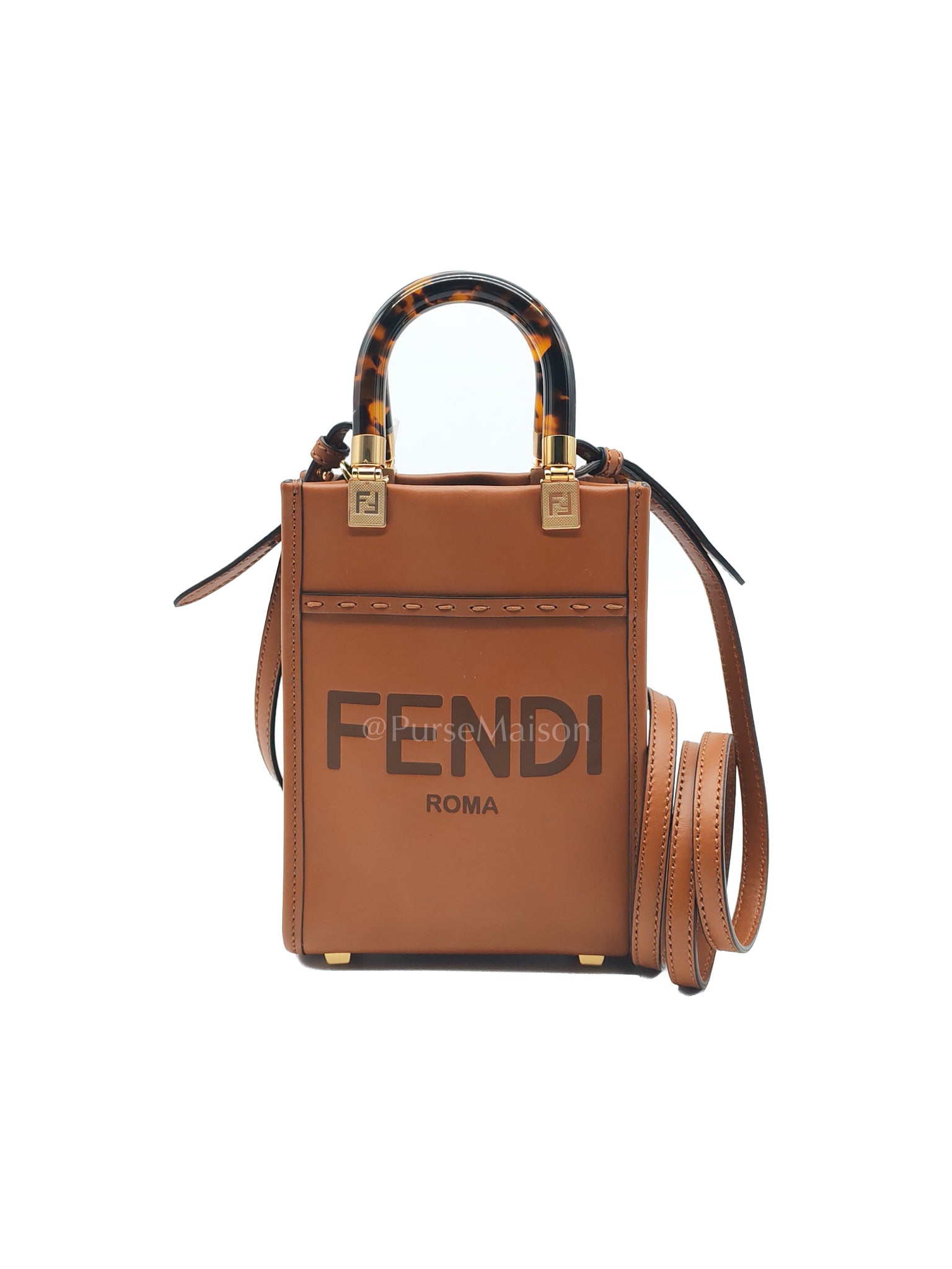 Roma Sunshine Mini Shopper Bag in Brown Calfskin Leather and Tortoise-Shell Handle | Purse Maison Luxury Bags Shop