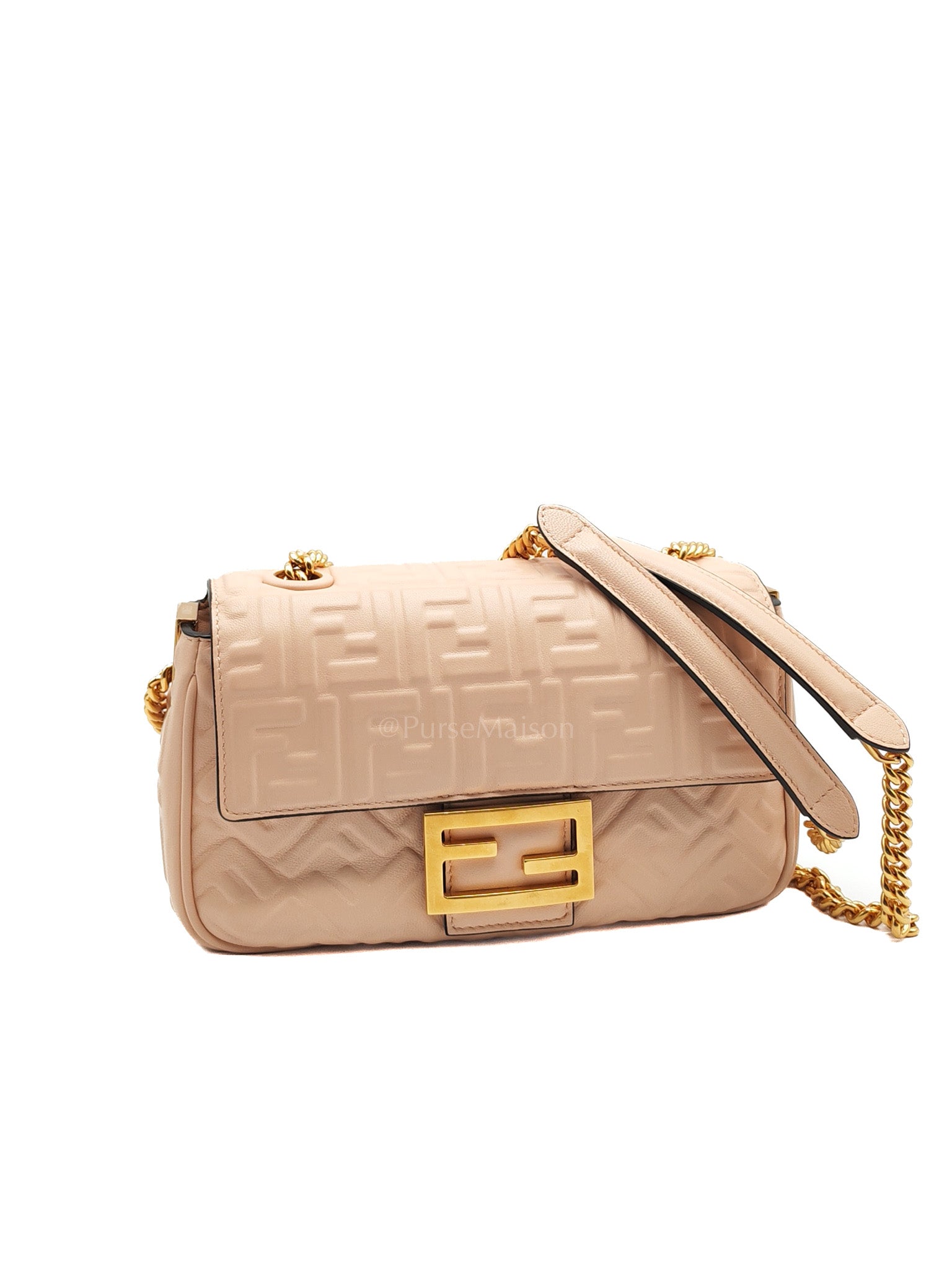 Baguette Chain Midi Bag in Light Rose Nappa FF Embossed Leather & Gold Hardware