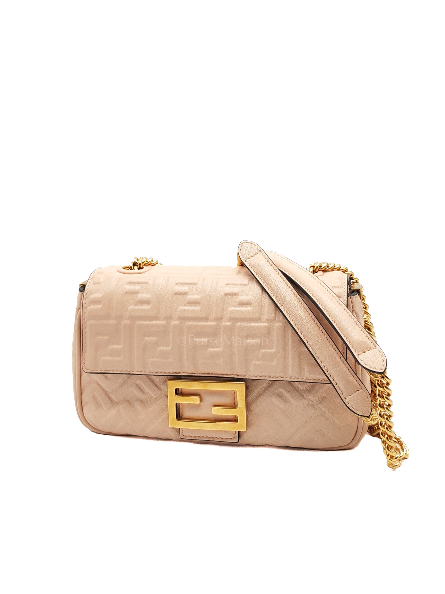 Baguette Chain Midi Bag in Light Rose Nappa FF Embossed Leather & Gold Hardware