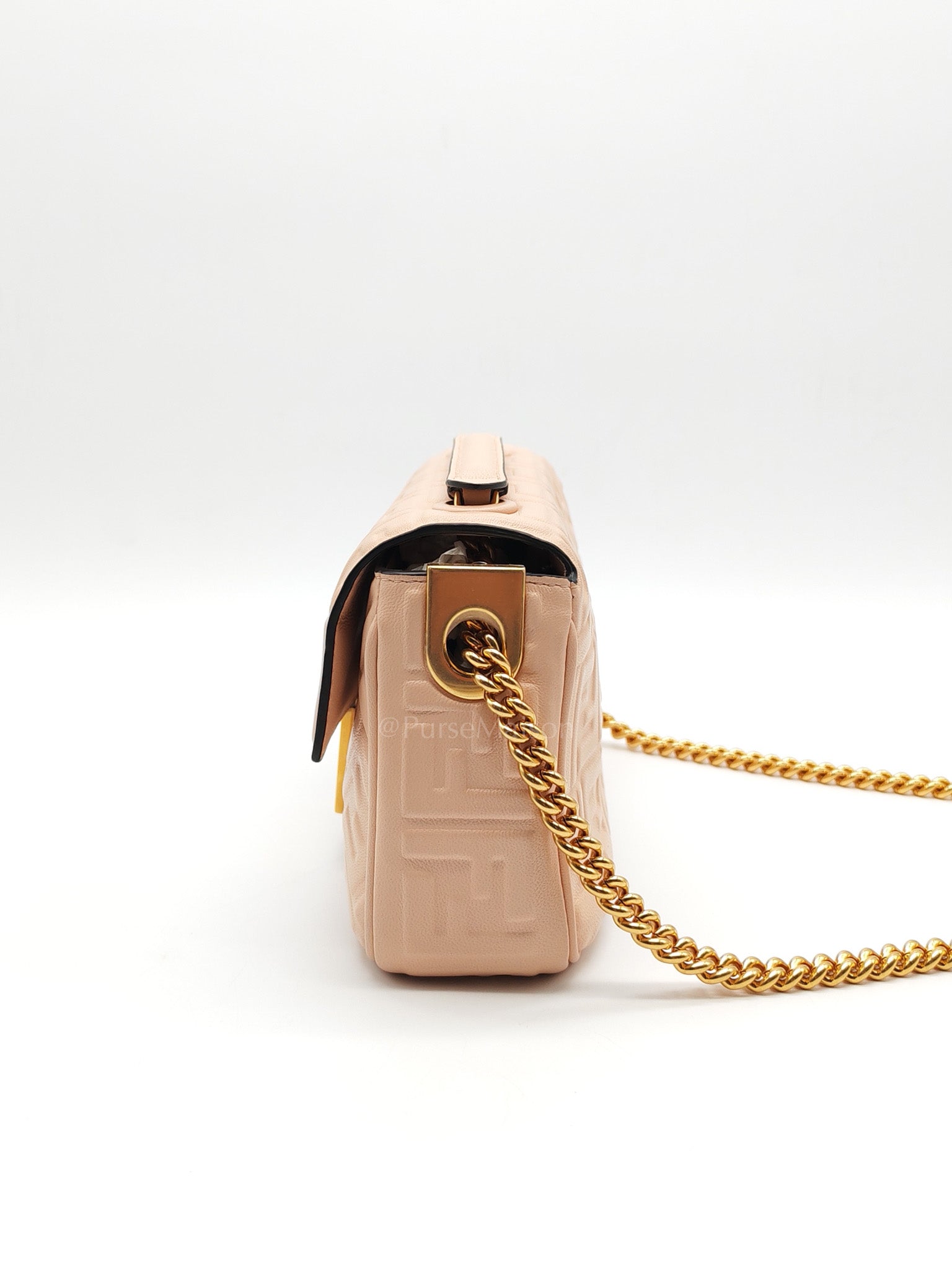 Baguette Chain Midi Bag in Light Rose Nappa FF Embossed Leather & Gold Hardware