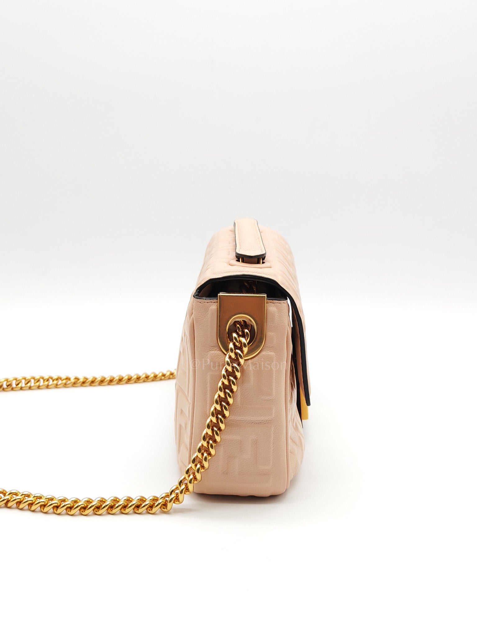 Baguette Chain Midi Bag in Light Rose Nappa FF Embossed Leather & Gold Hardware