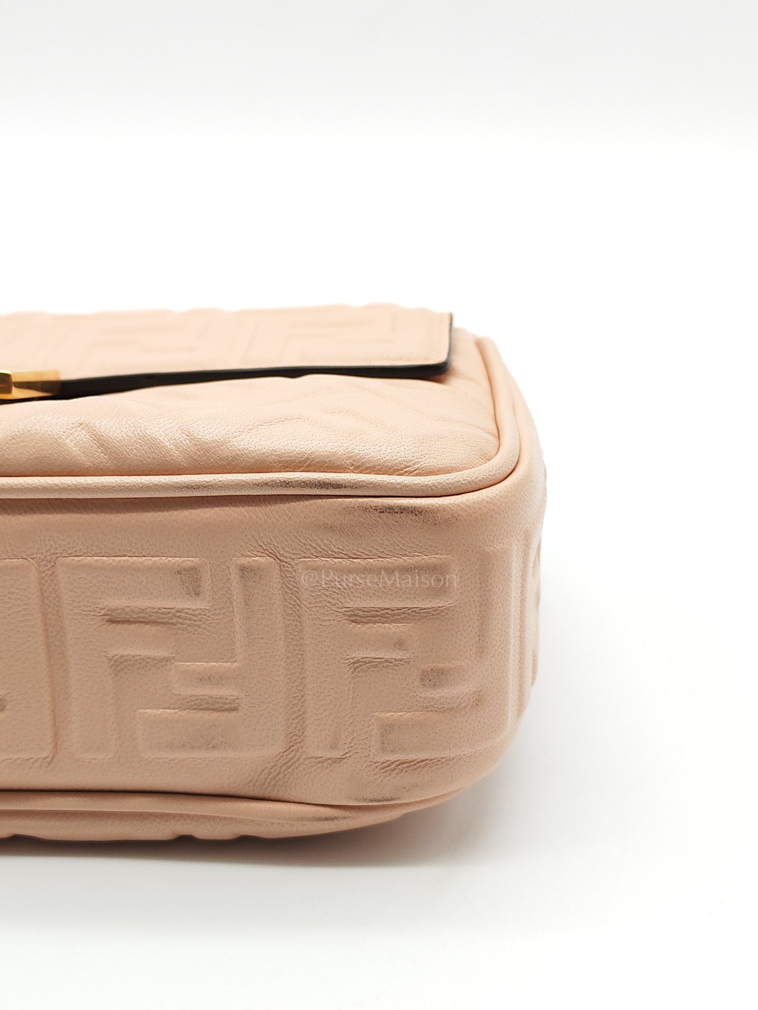 Baguette Chain Midi Bag in Light Rose Nappa FF Embossed Leather & Gold Hardware