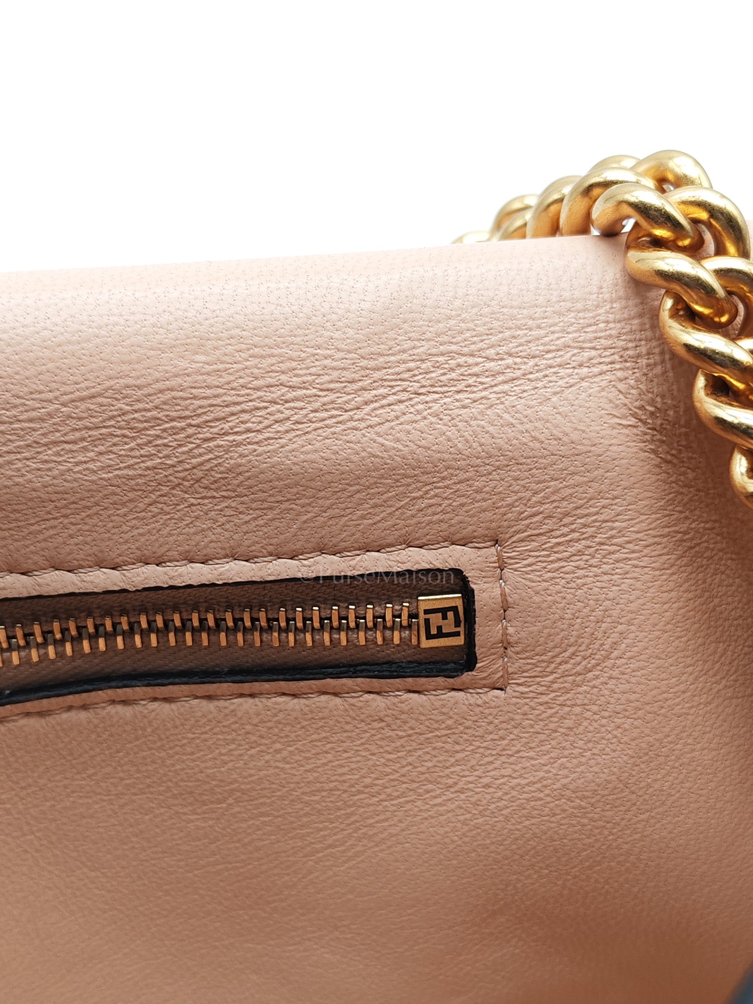 Baguette Chain Midi Bag in Light Rose Nappa FF Embossed Leather & Gold Hardware