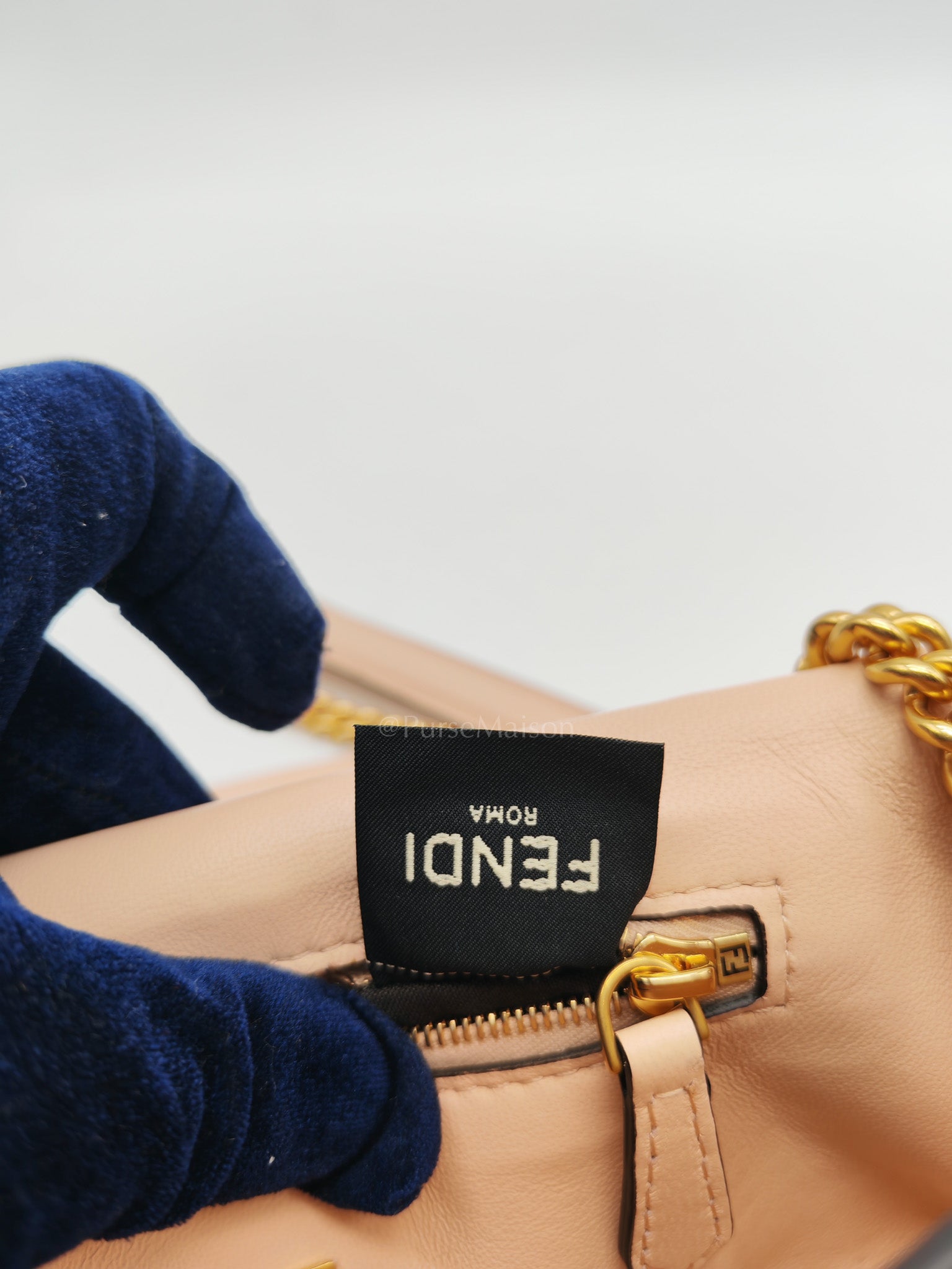 Baguette Chain Midi Bag in Light Rose Nappa FF Embossed Leather & Gold Hardware