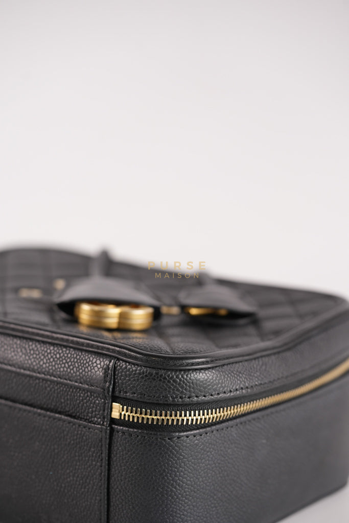 Filigree Large Vanity Case in Black Quilted Caviar Leather and Aged Gold Hardware Series 24 | Purse Maison Luxury Bags Shop