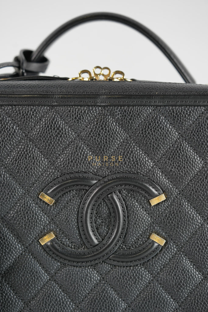 Filigree Large Vanity Case in Black Quilted Caviar Leather and Aged Gold Hardware Series 24 | Purse Maison Luxury Bags Shop