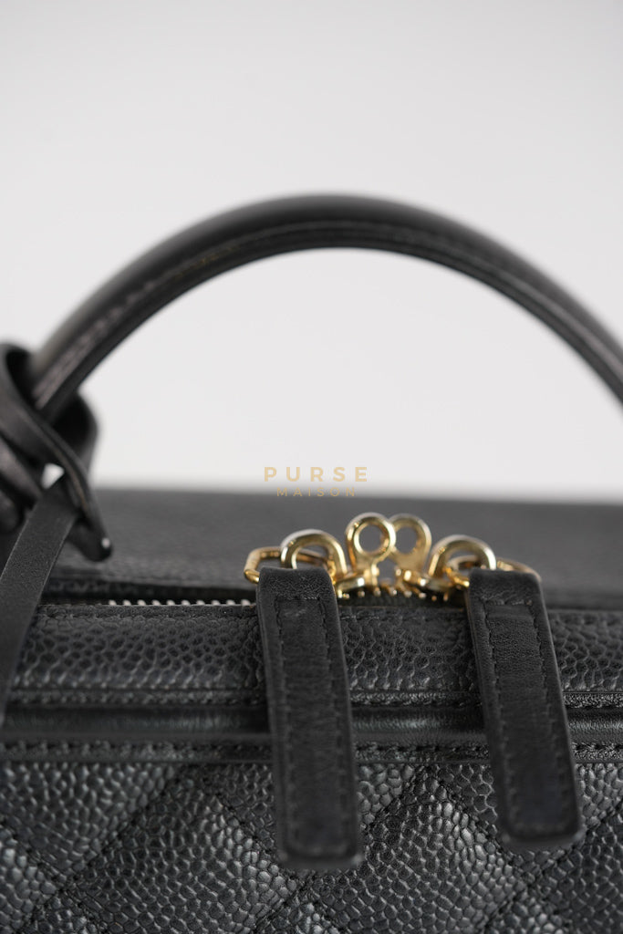 Filigree Large Vanity Case in Black Quilted Caviar Leather and Aged Gold Hardware Series 24 | Purse Maison Luxury Bags Shop