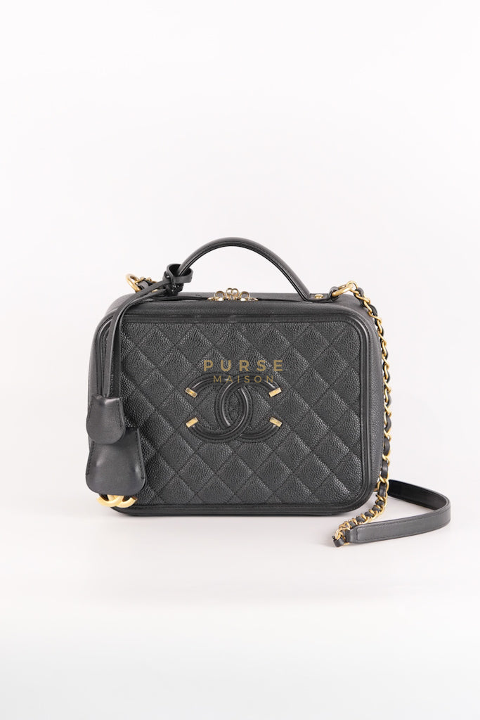 Filigree Large Vanity Case in Black Quilted Caviar Leather and Aged Gold Hardware Series 24 | Purse Maison Luxury Bags Shop