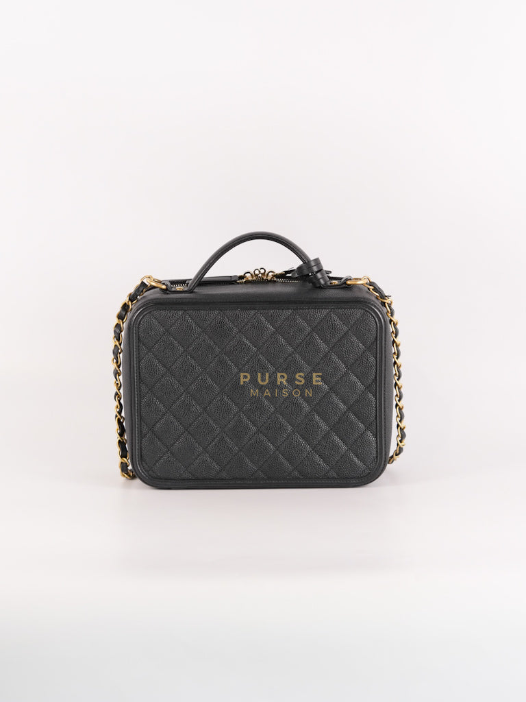 Filigree Large Vanity Case in Black Quilted Caviar Leather and Aged Gold Hardware Series 24 | Purse Maison Luxury Bags Shop