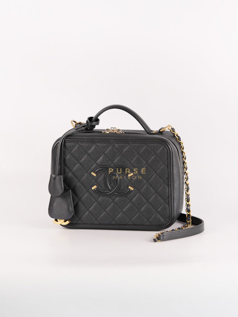 Filigree Large Vanity Case in Black Quilted Caviar Leather and Aged Gold Hardware Series 24 | Purse Maison Luxury Bags Shop