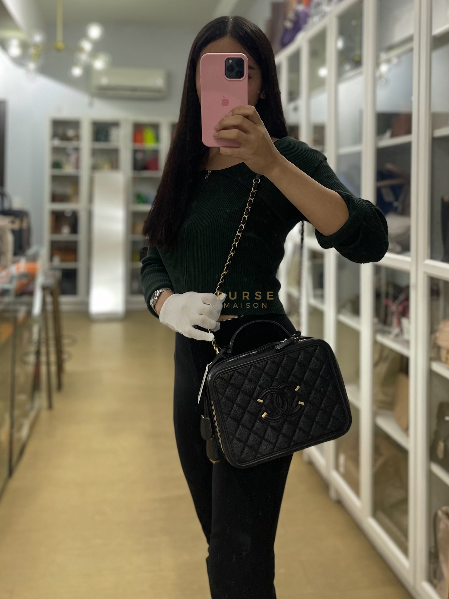 Filigree Large Vanity Case in Black Quilted Caviar Leather and Aged Gold Hardware Series 24 | Purse Maison Luxury Bags Shop