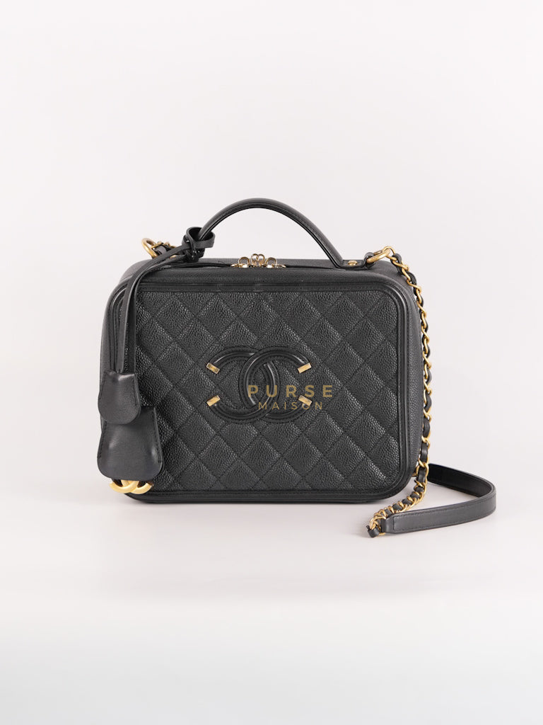 Filigree Large Vanity Case in Black Quilted Caviar Leather and Aged Gold Hardware Series 24 | Purse Maison Luxury Bags Shop
