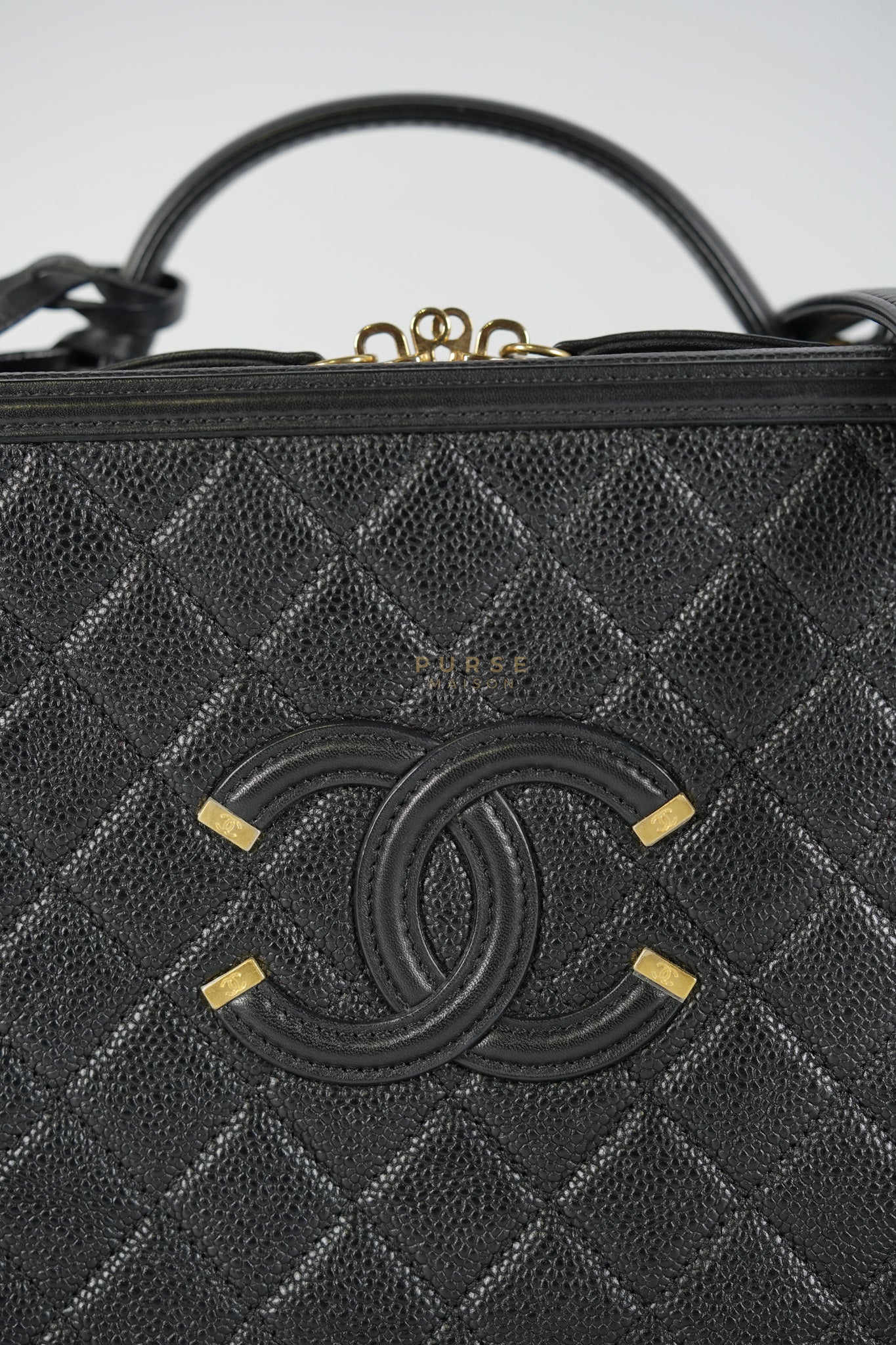 Filigree Large Vanity Case in Black Quilted Caviar Leather and Aged Gold Hardware Series 27 | Purse Maison Luxury Bags Shop