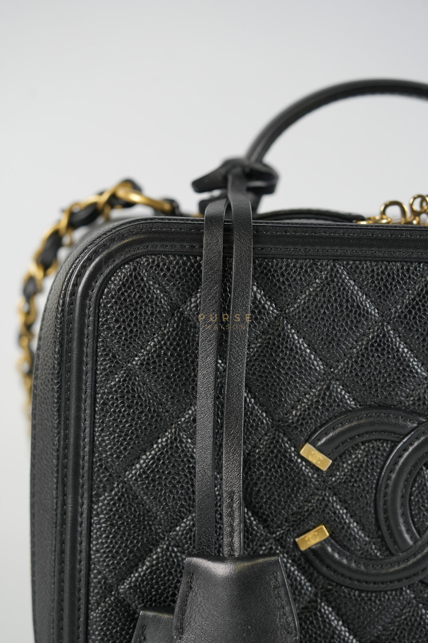 Filigree Large Vanity Case in Black Quilted Caviar Leather and Aged Gold Hardware Series 27 | Purse Maison Luxury Bags Shop