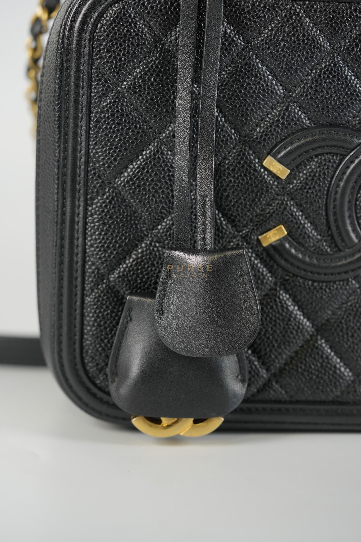 Filigree Large Vanity Case in Black Quilted Caviar Leather and Aged Gold Hardware Series 27 | Purse Maison Luxury Bags Shop