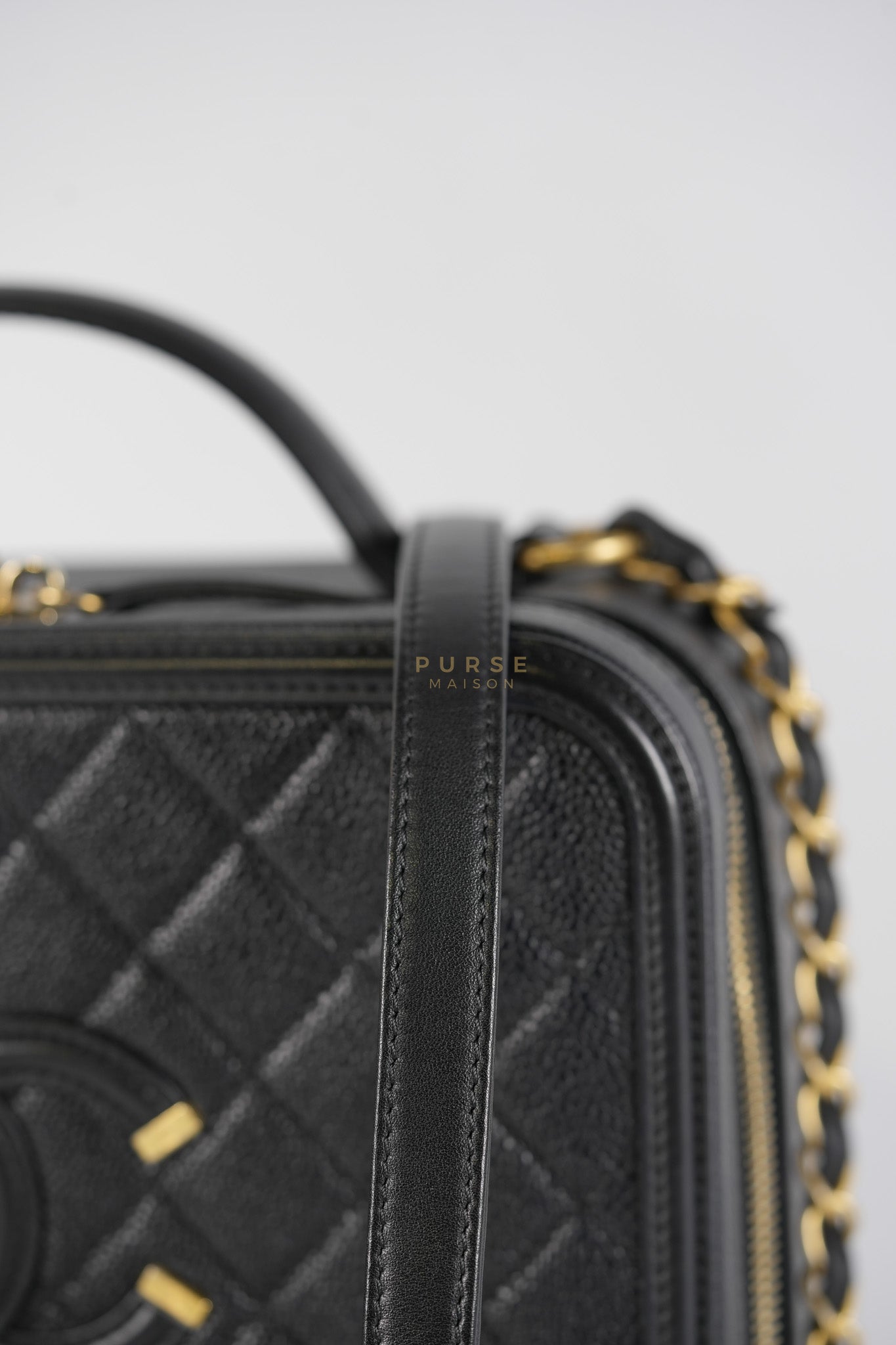 Filigree Large Vanity Case in Black Quilted Caviar Leather and Aged Gold Hardware Series 27 | Purse Maison Luxury Bags Shop
