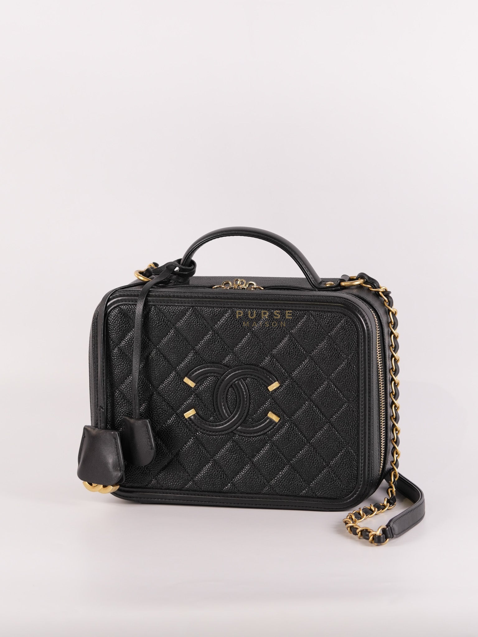 Filigree Large Vanity Case in Black Quilted Caviar Leather and Aged Gold Hardware Series 27 | Purse Maison Luxury Bags Shop