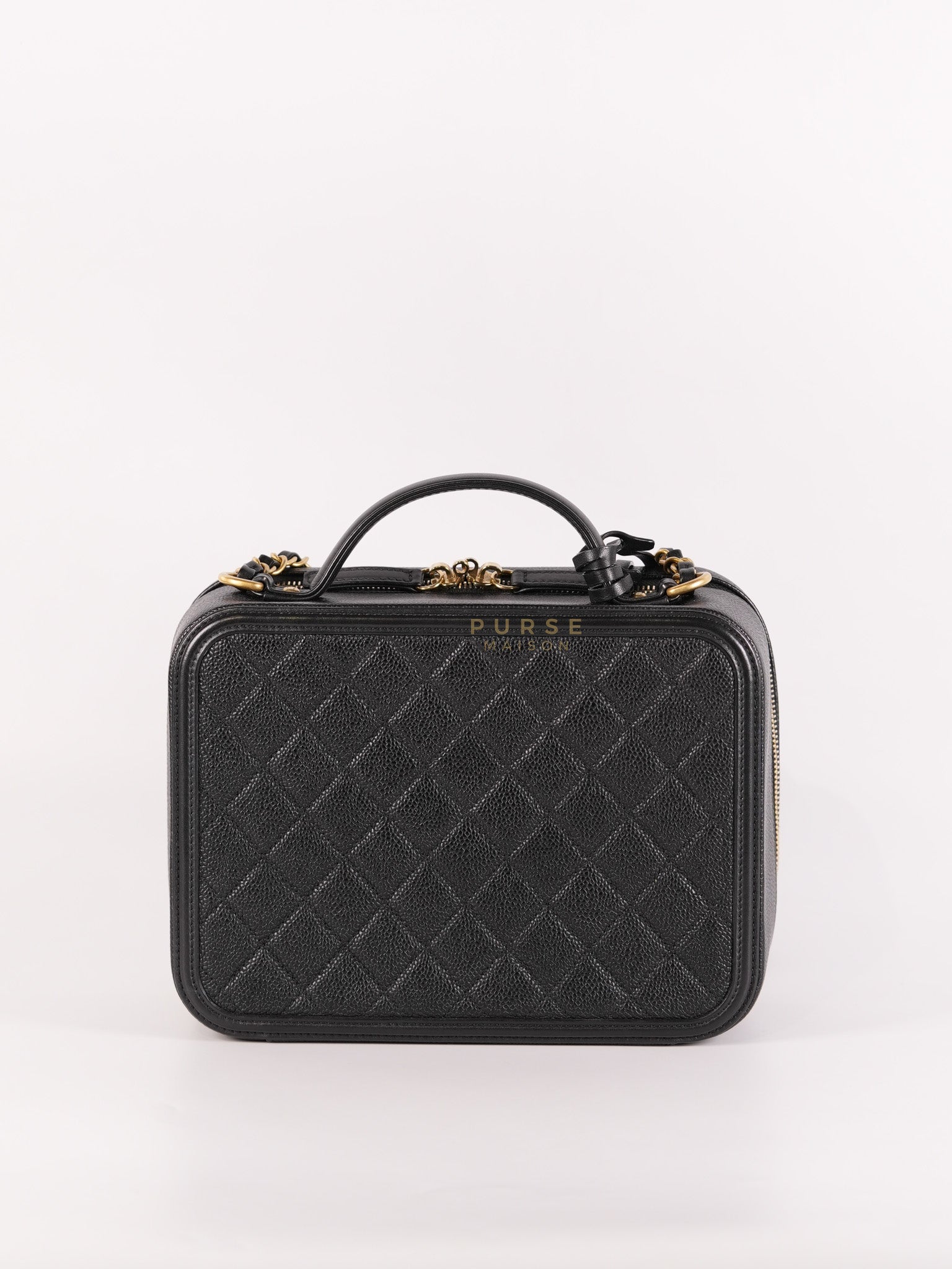 Filigree Large Vanity Case in Black Quilted Caviar Leather and Aged Gold Hardware Series 27 | Purse Maison Luxury Bags Shop