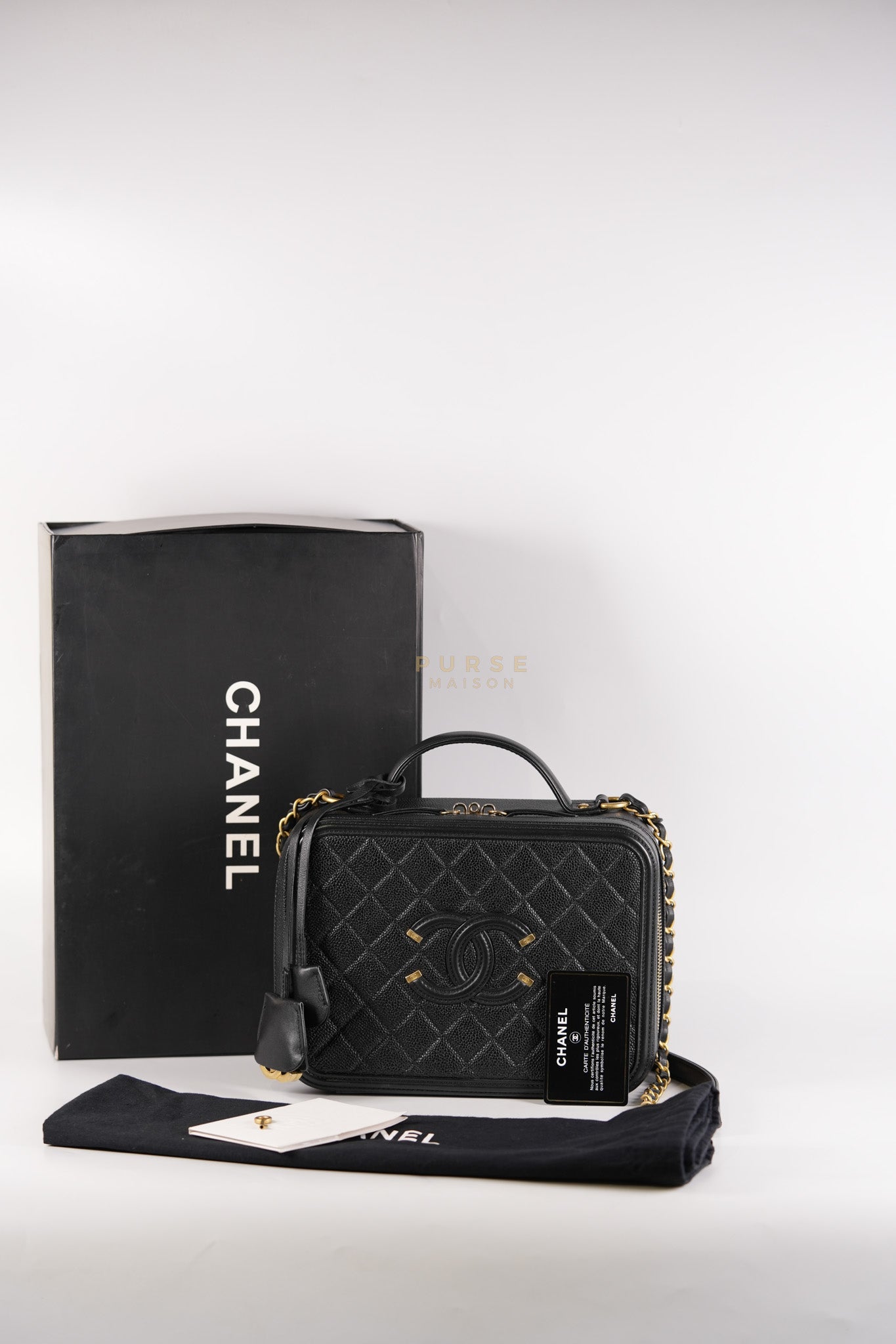 Filigree Large Vanity Case in Black Quilted Caviar Leather and Aged Gold Hardware Series 27 | Purse Maison Luxury Bags Shop