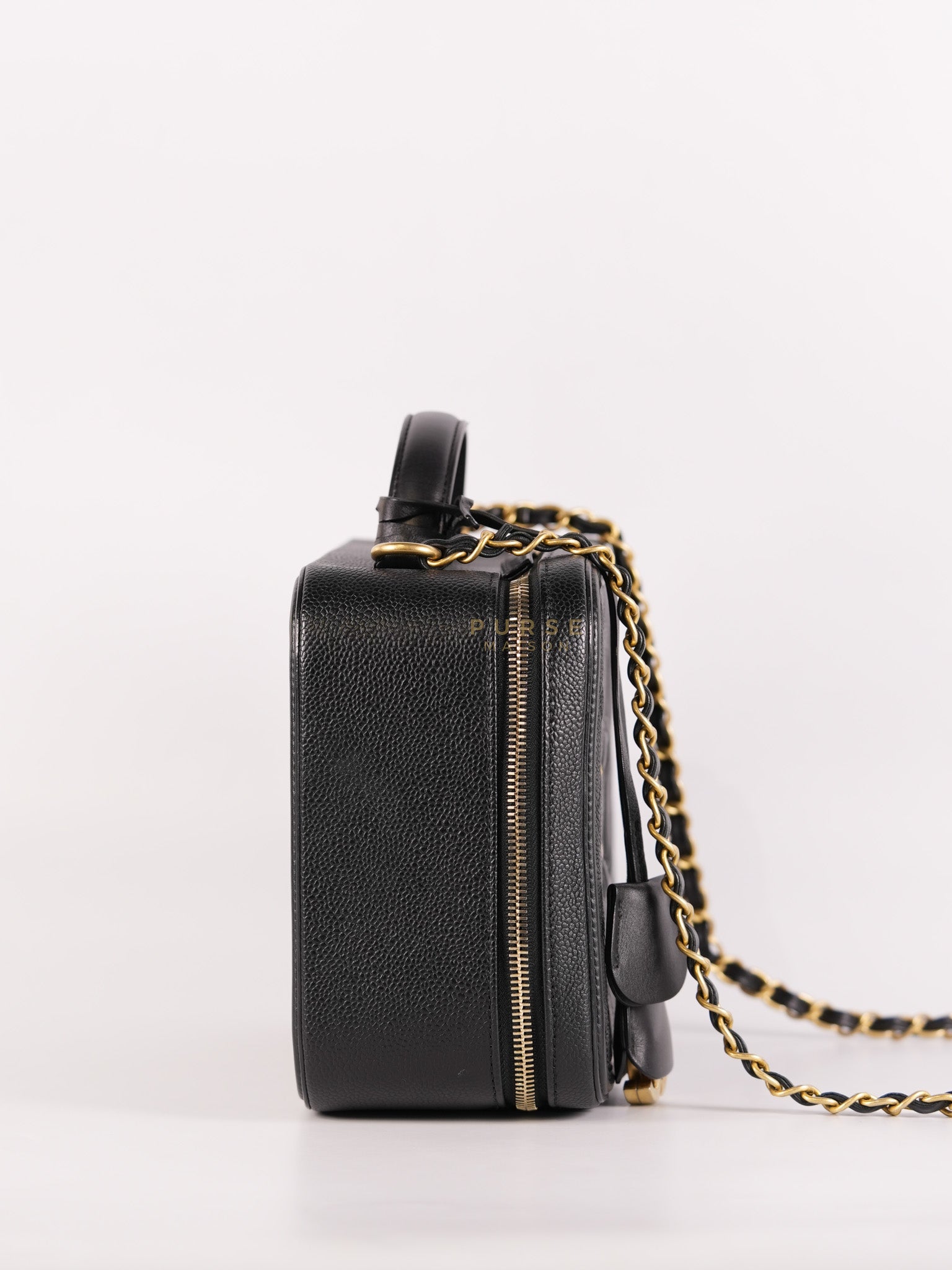 Filigree Large Vanity Case in Black Quilted Caviar Leather and Aged Gold Hardware Series 27 | Purse Maison Luxury Bags Shop