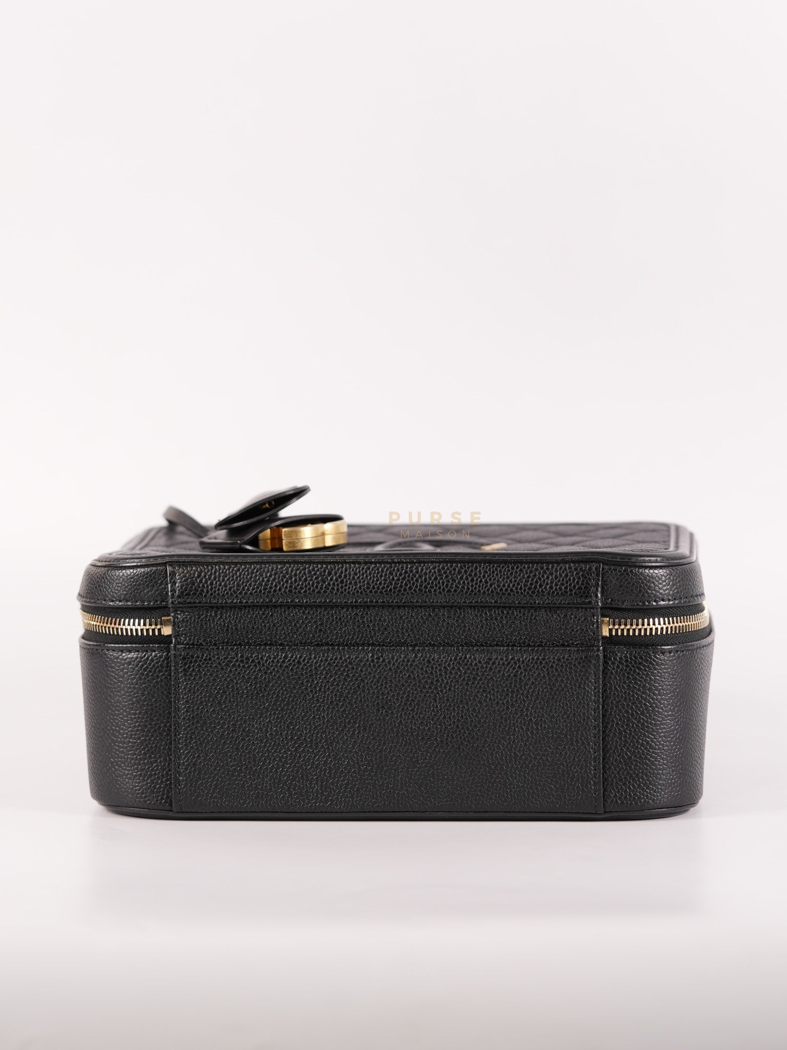 Filigree Large Vanity Case in Black Quilted Caviar Leather and Aged Gold Hardware Series 27 | Purse Maison Luxury Bags Shop