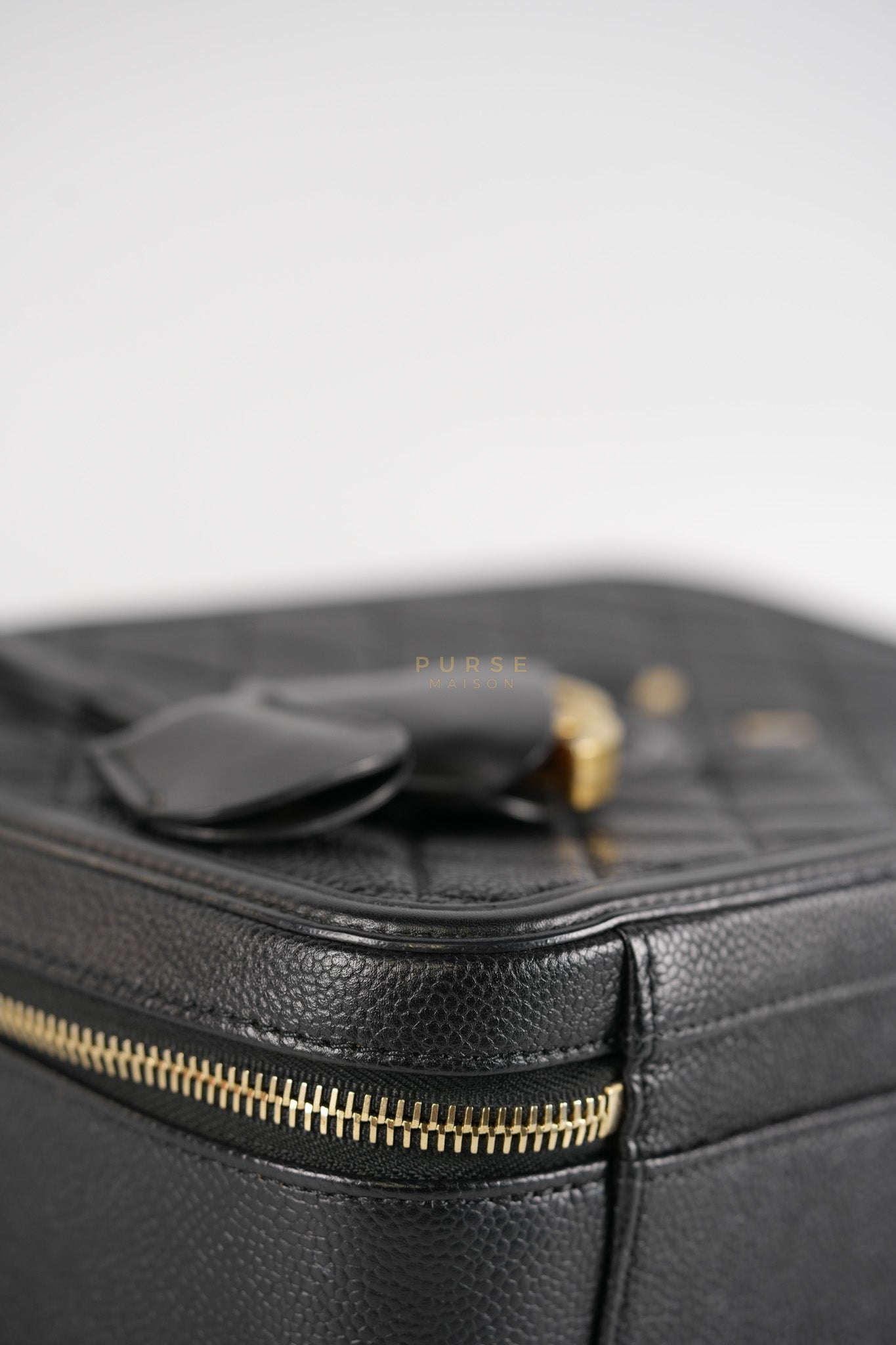 Filigree Large Vanity Case in Black Quilted Caviar Leather and Aged Gold Hardware Series 27 | Purse Maison Luxury Bags Shop
