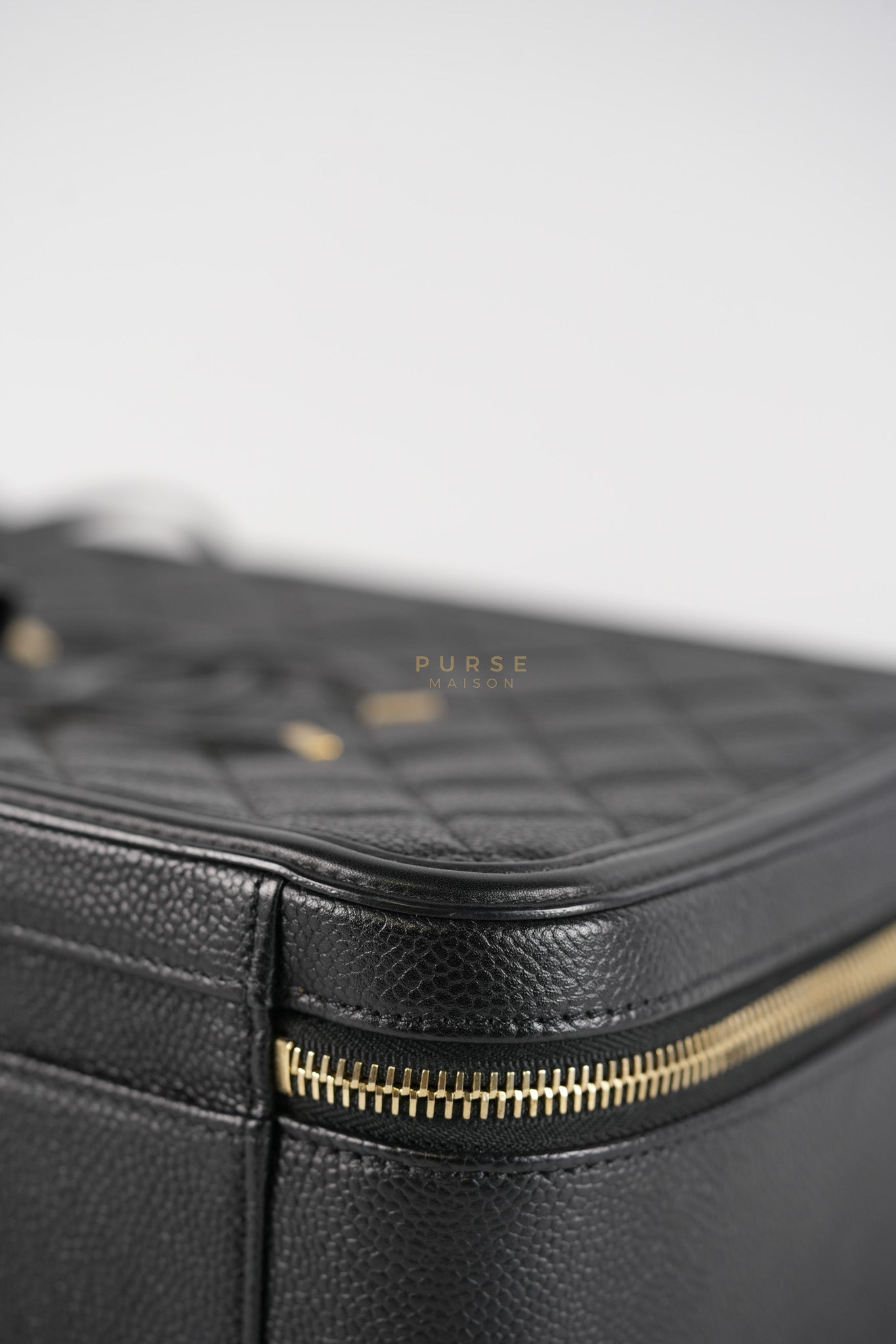 Filigree Large Vanity Case in Black Quilted Caviar Leather and Aged Gold Hardware Series 27 | Purse Maison Luxury Bags Shop