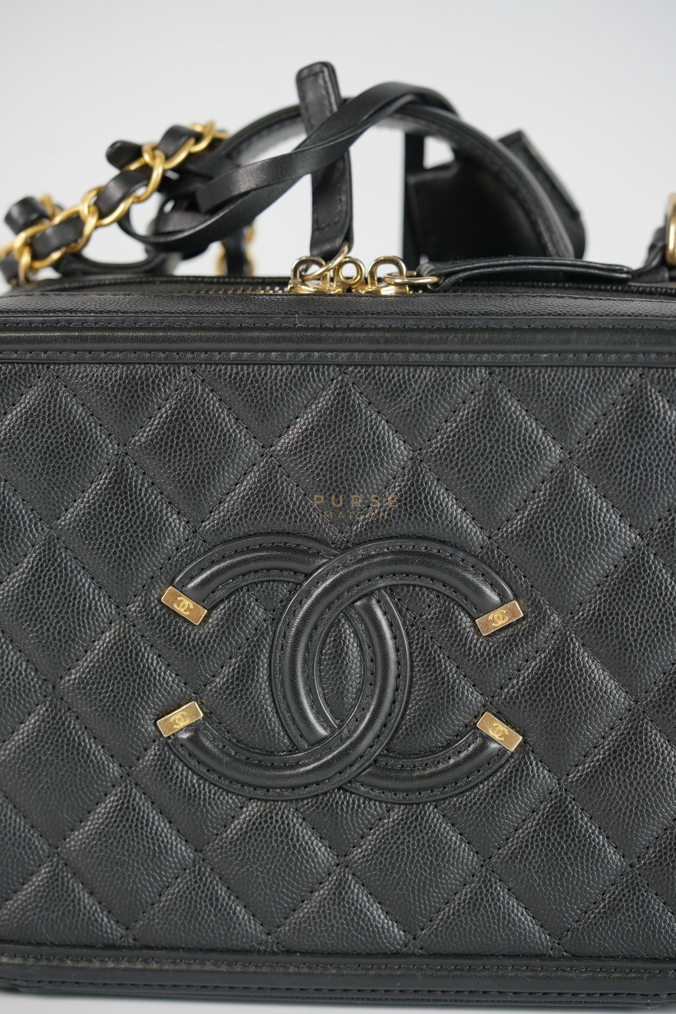Filigree Medium Vanity Case in Black Caviar Leather and Aged Gold Hardware Series 26 | Purse Maison Luxury Bags Shop