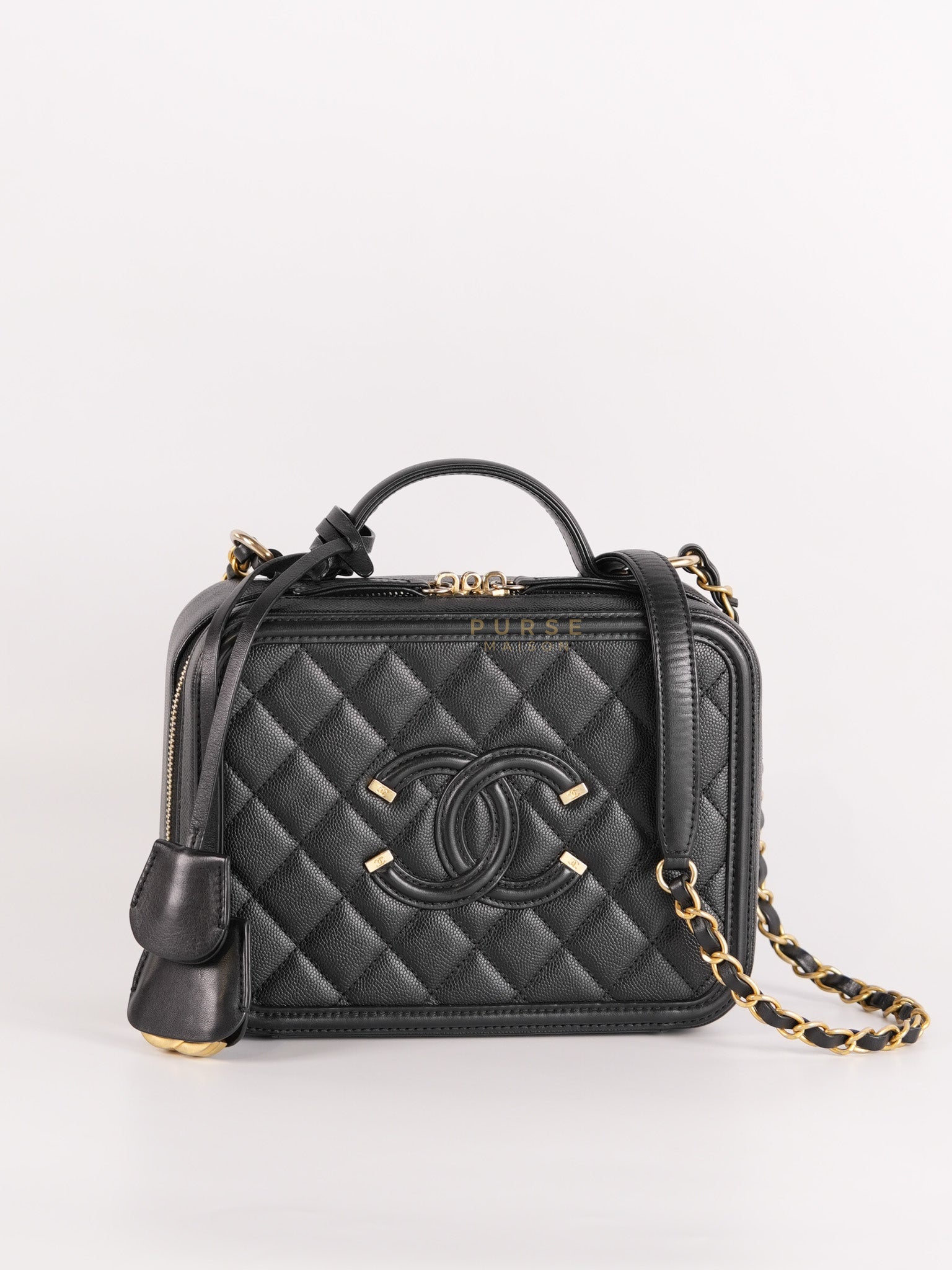 Filigree Medium Vanity Case in Black Caviar Leather and Aged Gold Hardware Series 26 | Purse Maison Luxury Bags Shop